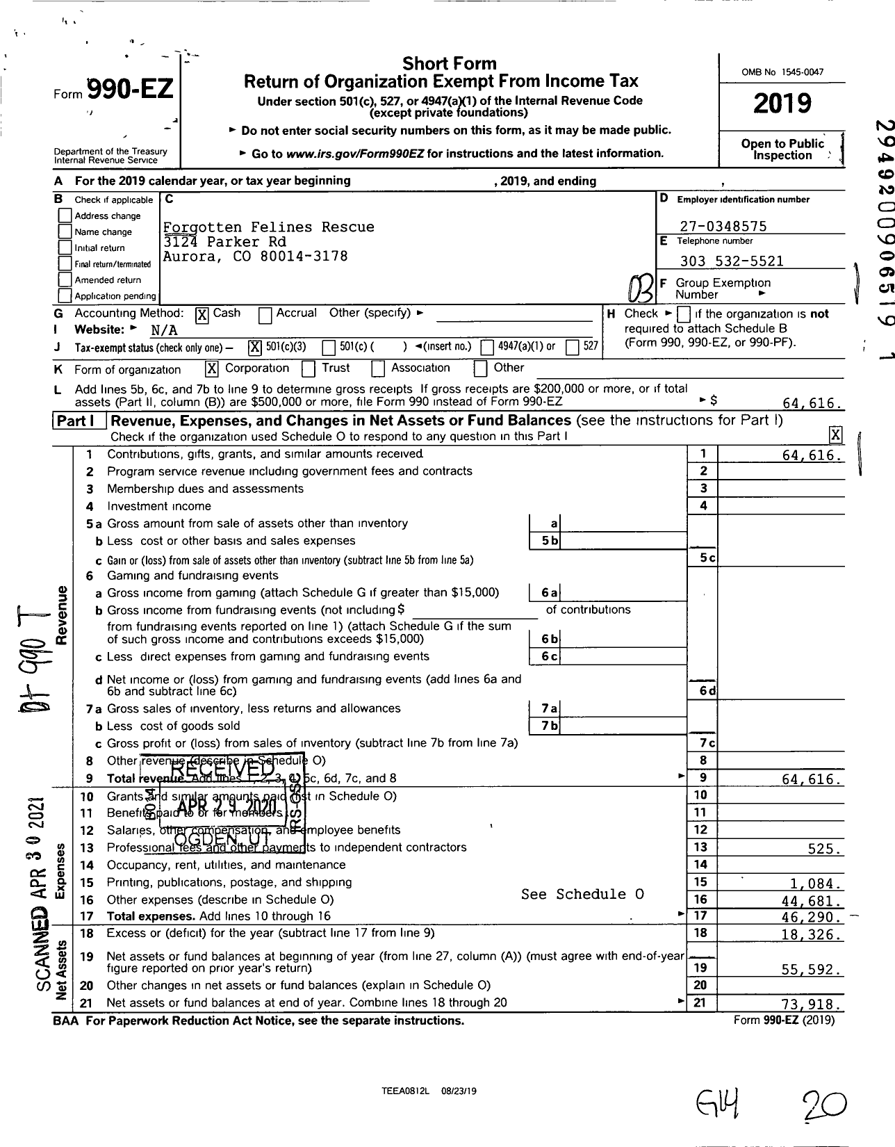 Image of first page of 2019 Form 990EZ for Forgotten Felines Rescue