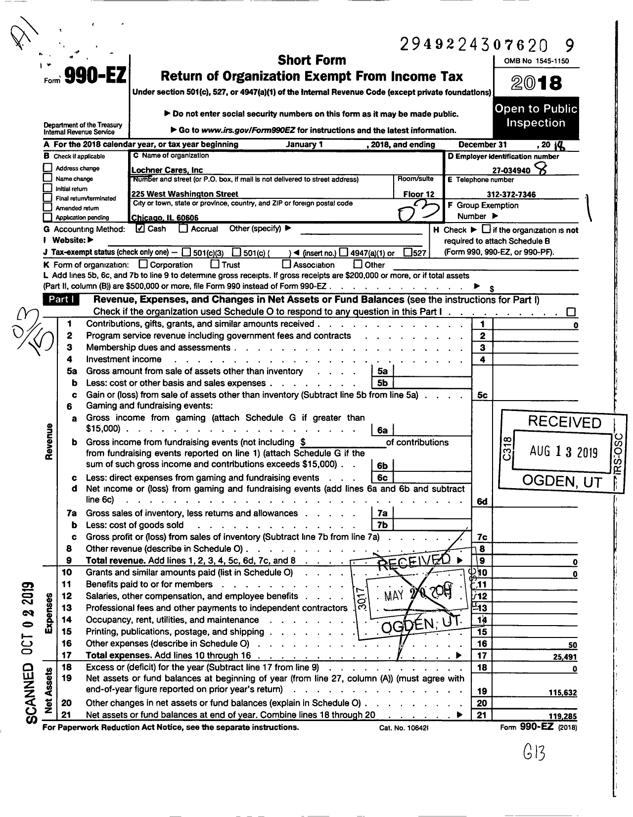 Image of first page of 2018 Form 990EZ for Lochner Cares