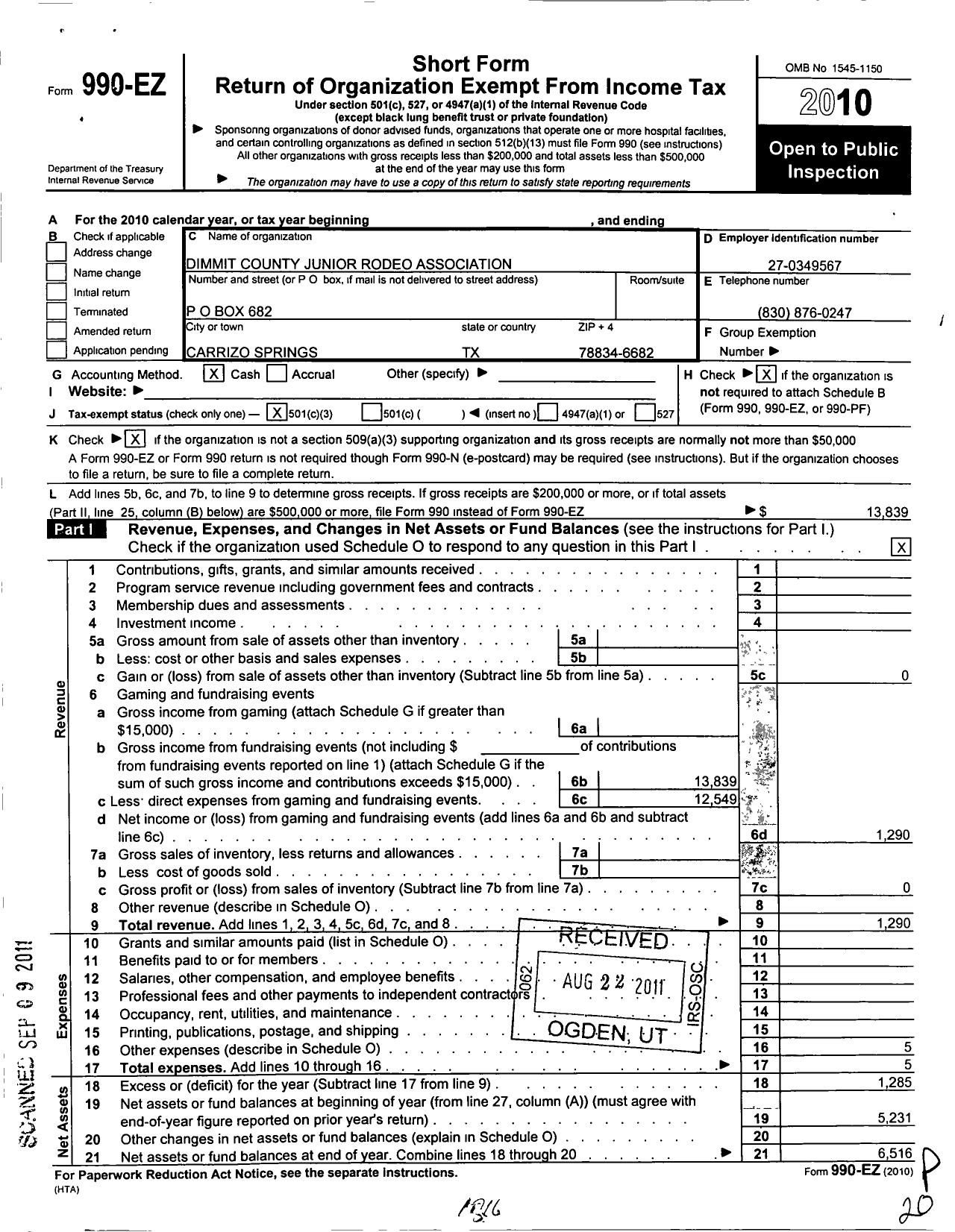 Image of first page of 2010 Form 990EZ for Dimmit County Junior Rodeo Association