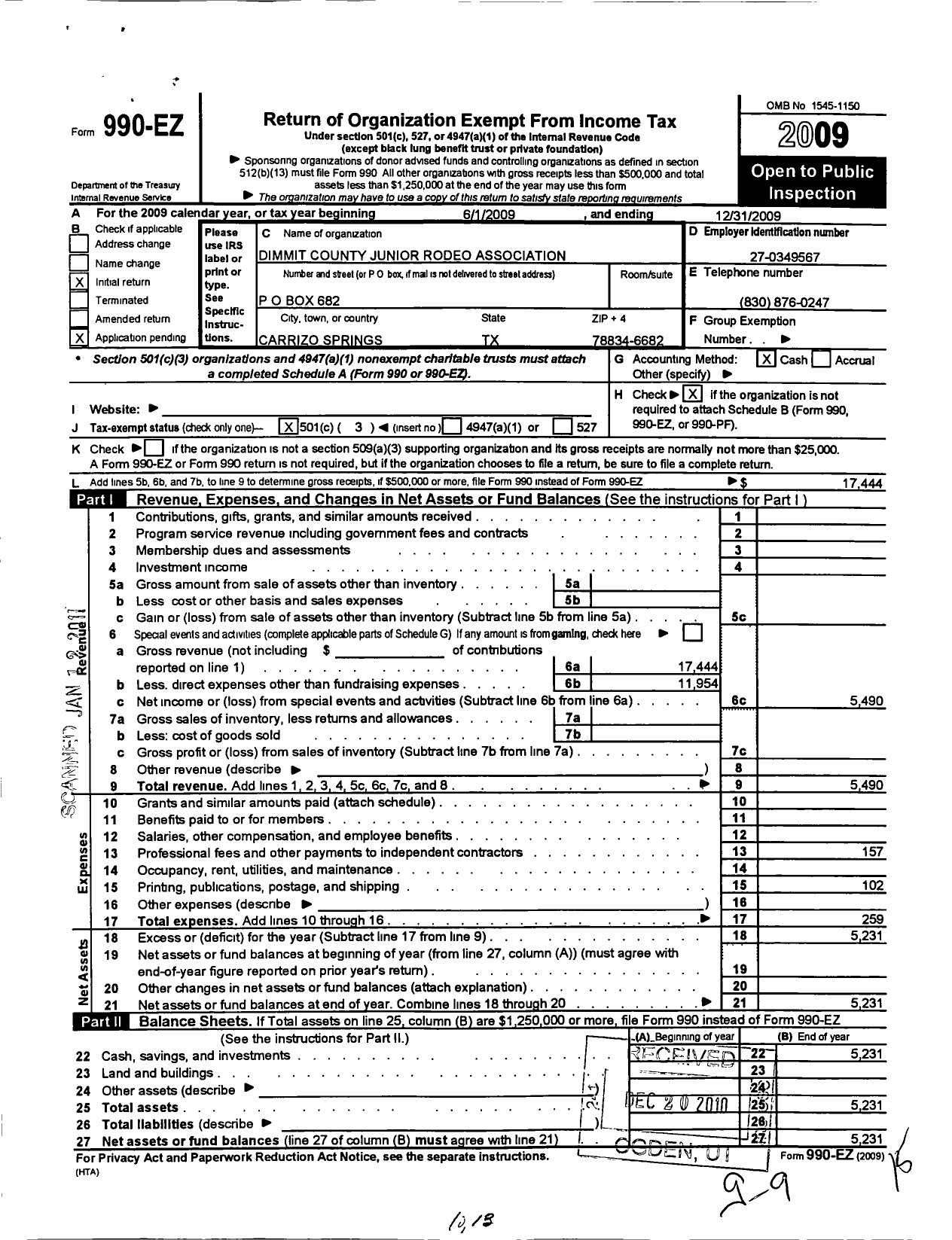 Image of first page of 2009 Form 990EZ for Dimmit County Junior Rodeo Association