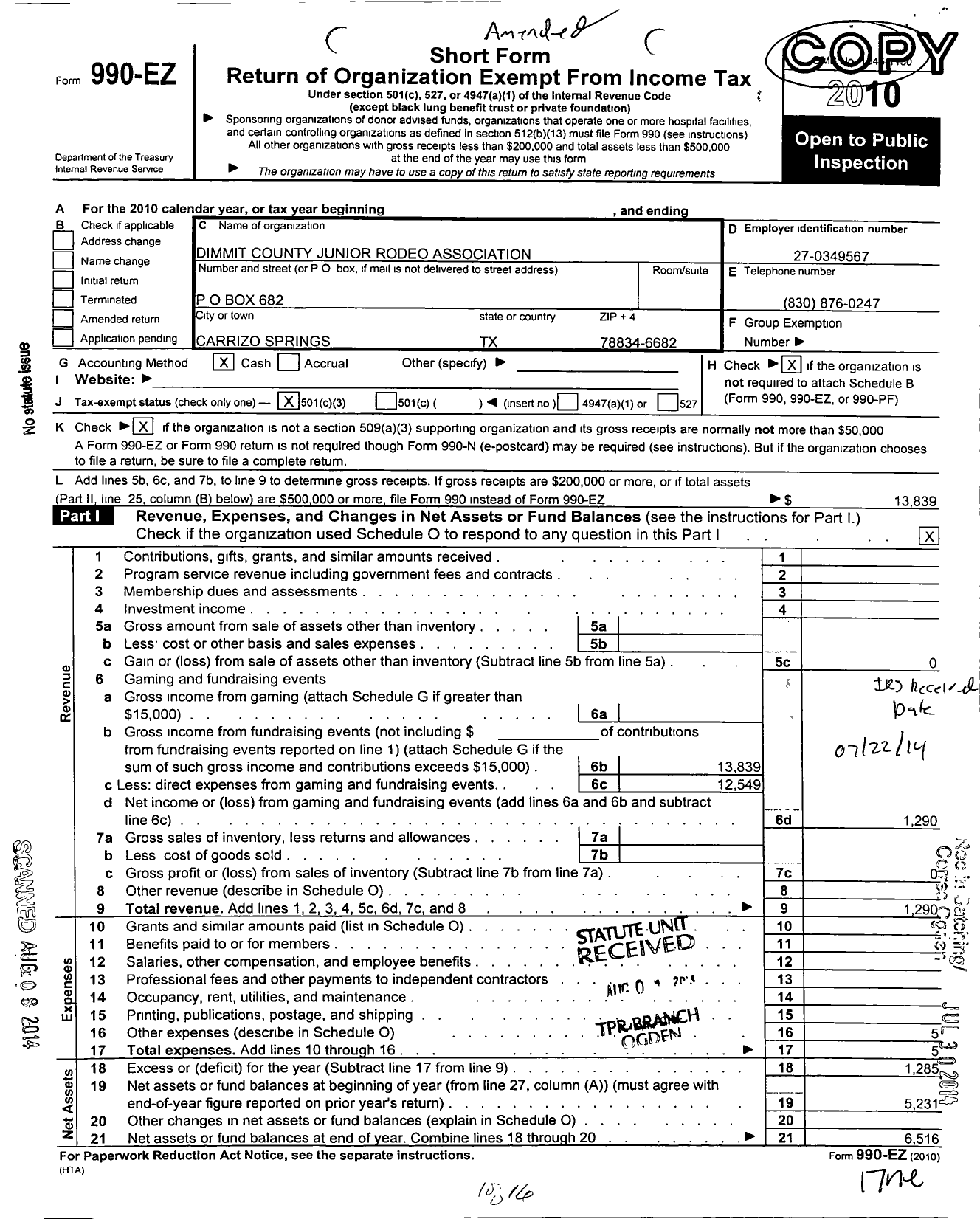 Image of first page of 2010 Form 990EZ for Dimmit County Junior Rodeo Association