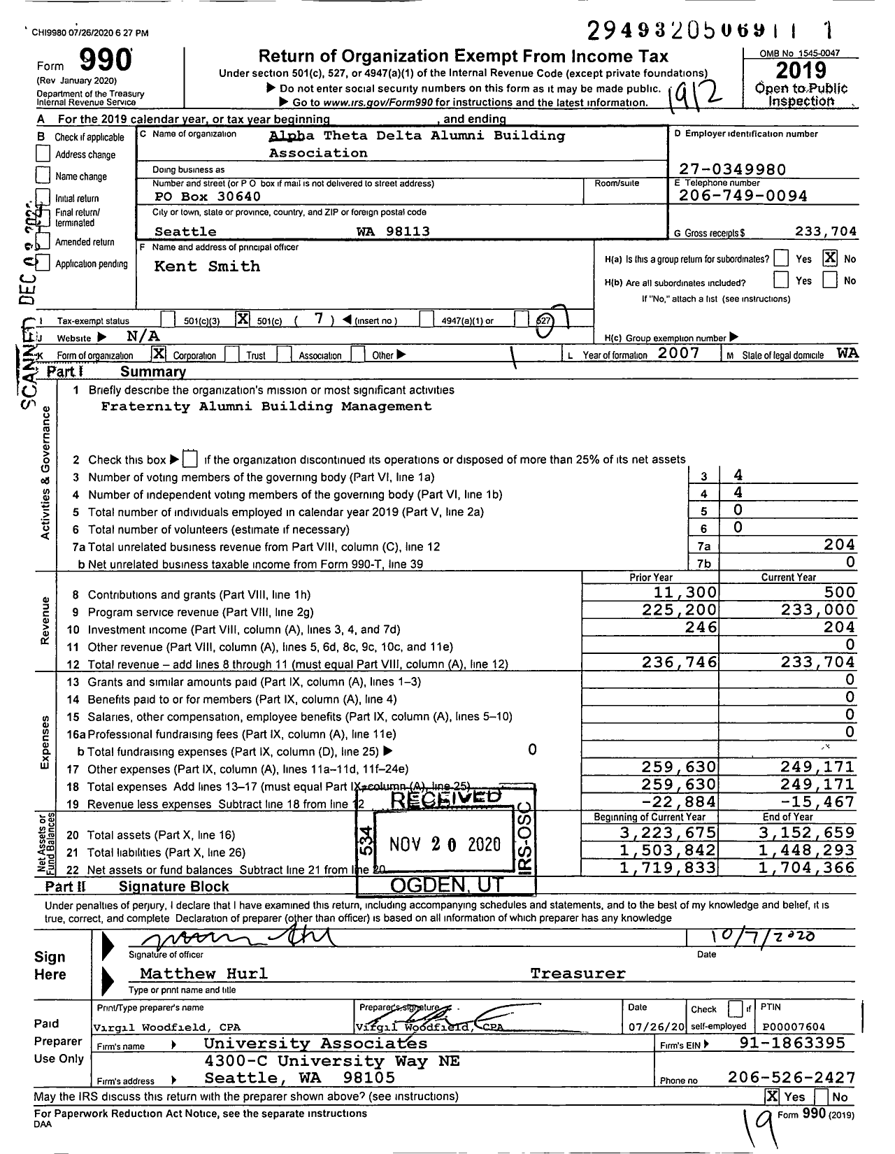 Image of first page of 2019 Form 990O for Alpha Theta Delta Alumni Building Association