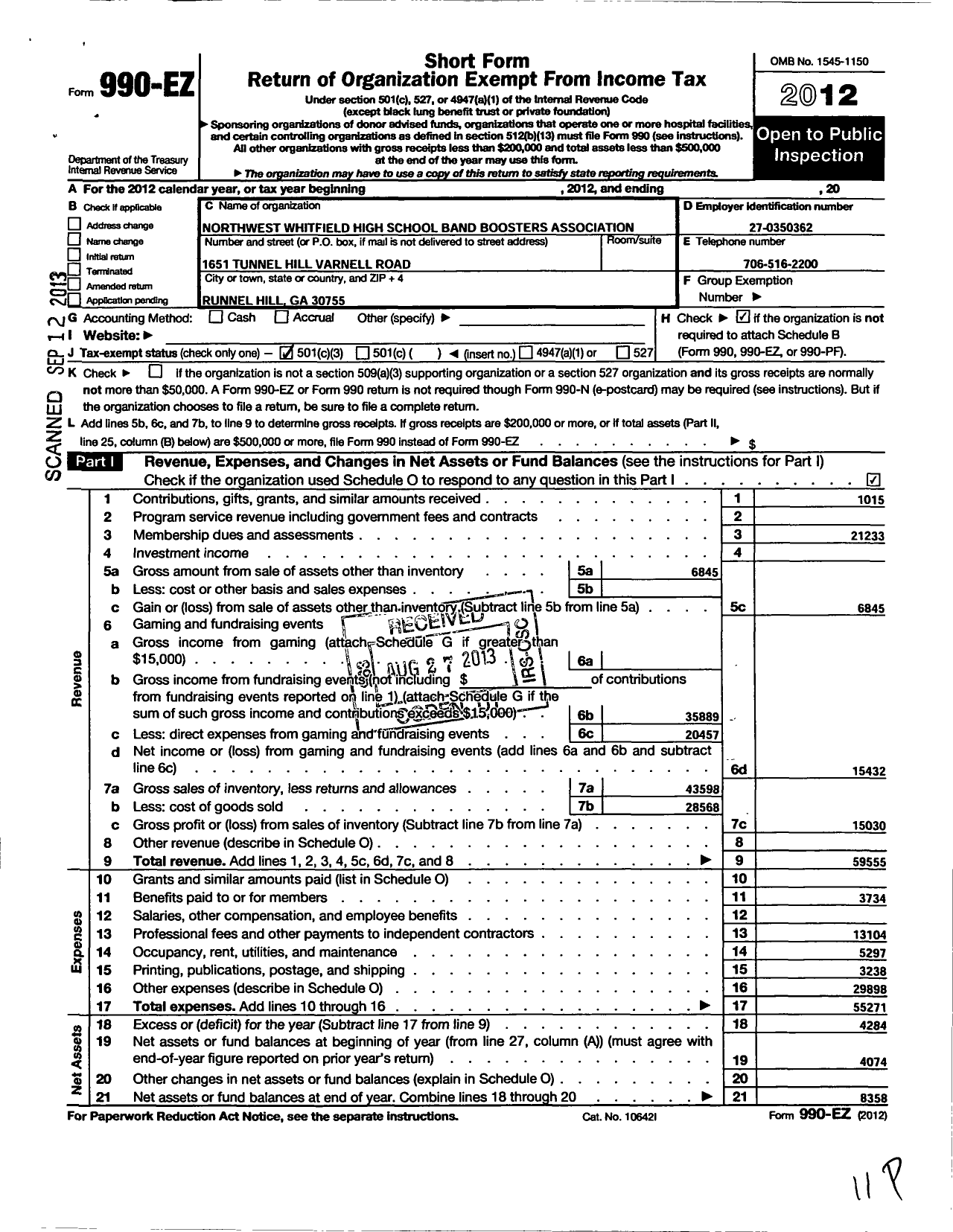 Image of first page of 2012 Form 990EZ for Northwest Whitfield High School Band Boosters Association