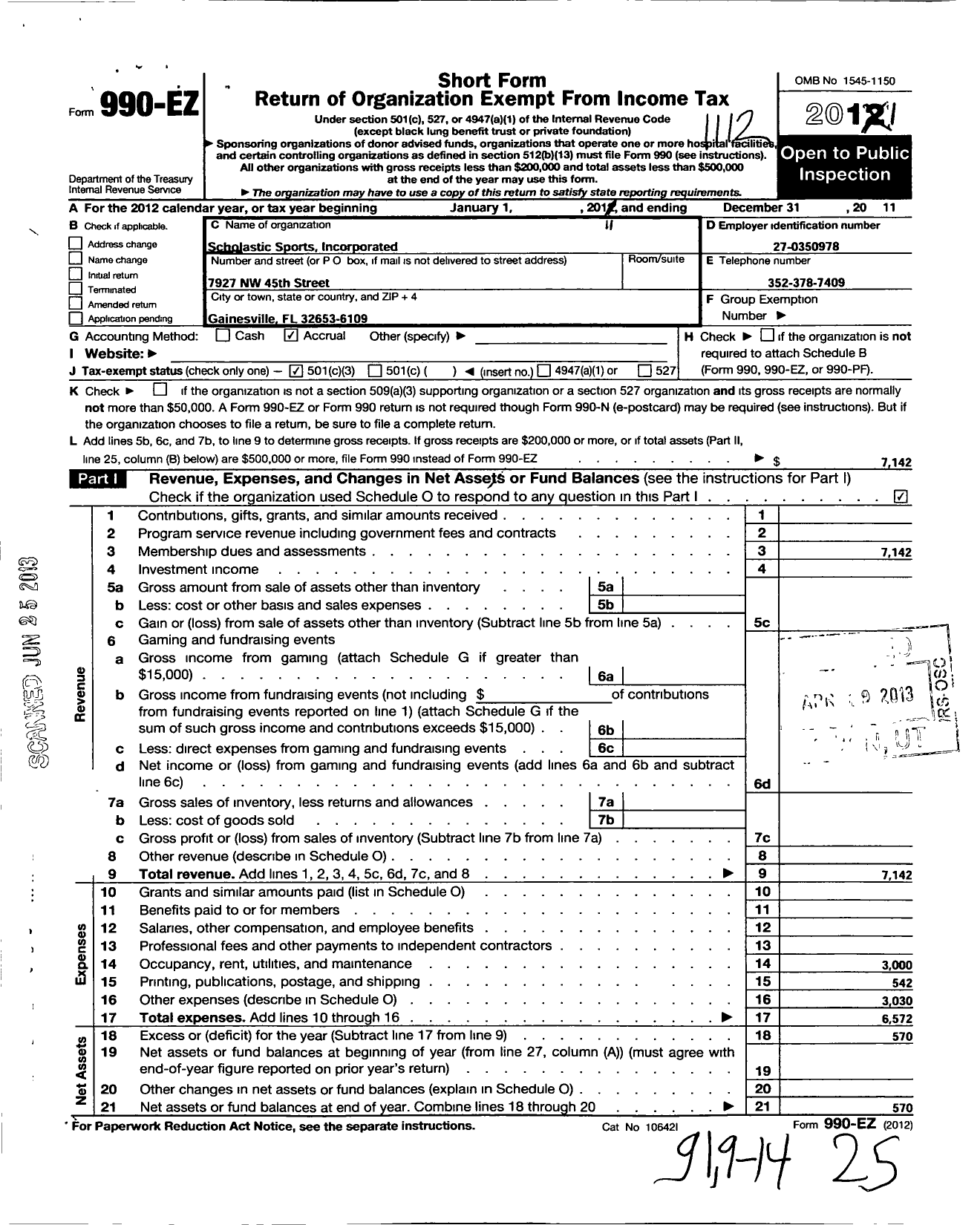 Image of first page of 2011 Form 990EZ for Scholastic Sports Incorporation