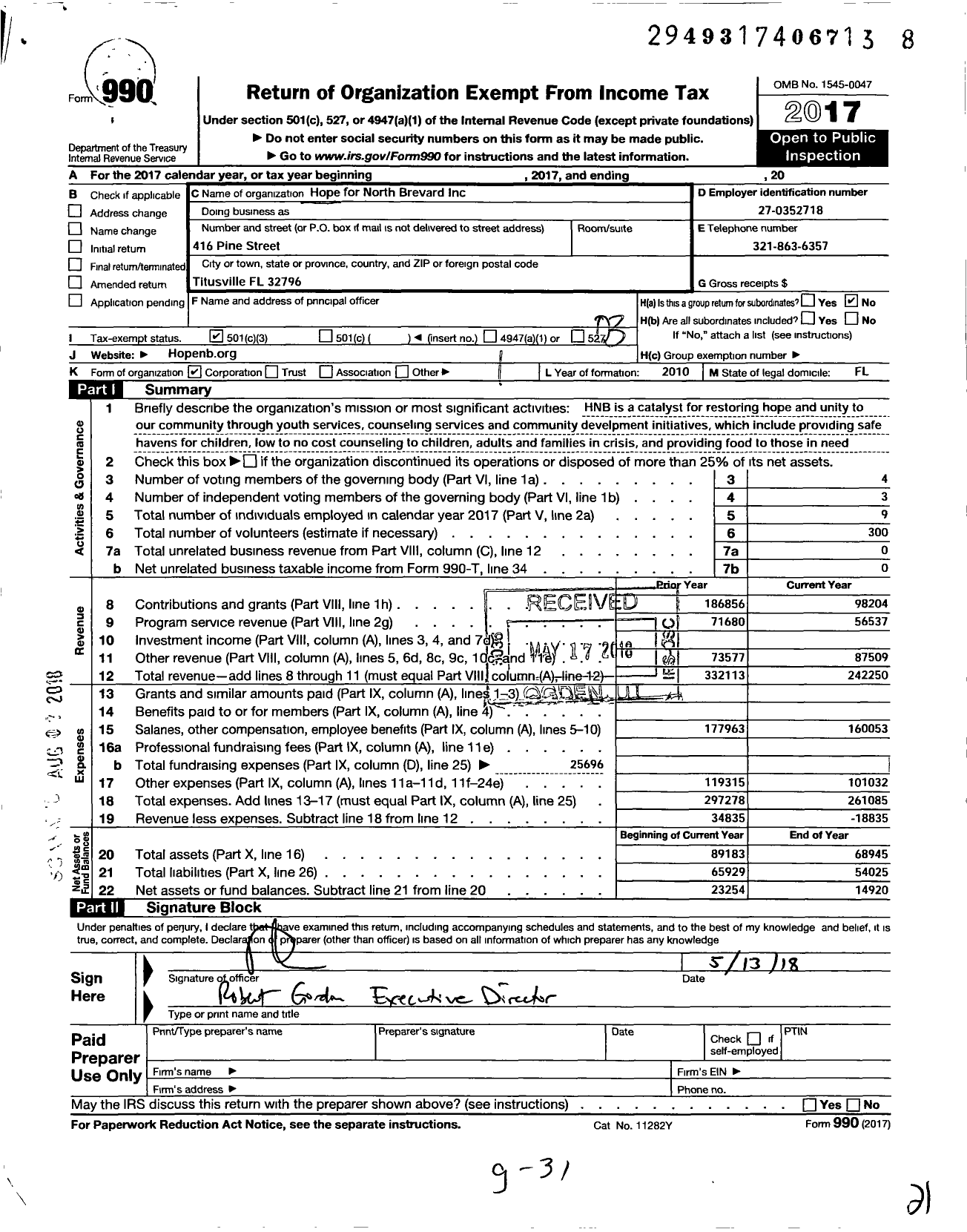 Image of first page of 2017 Form 990 for Hope for North Brevard