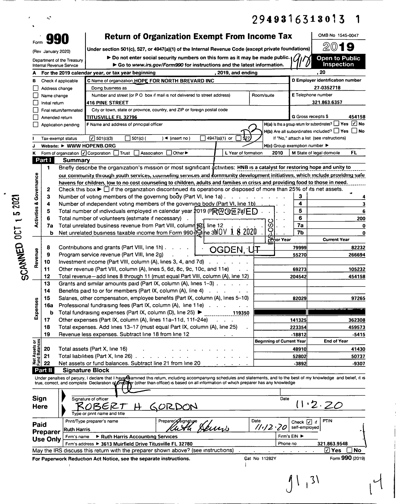 Image of first page of 2019 Form 990 for Hope for North Brevard