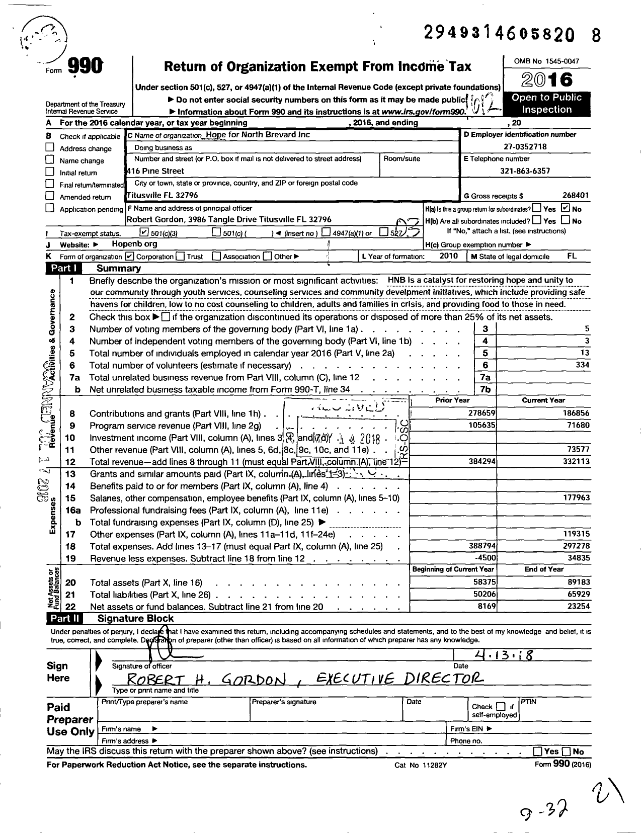 Image of first page of 2016 Form 990 for Hope for North Brevard