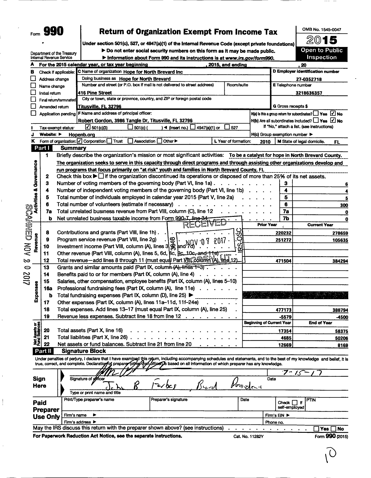 Image of first page of 2015 Form 990 for Hope for North Brevard