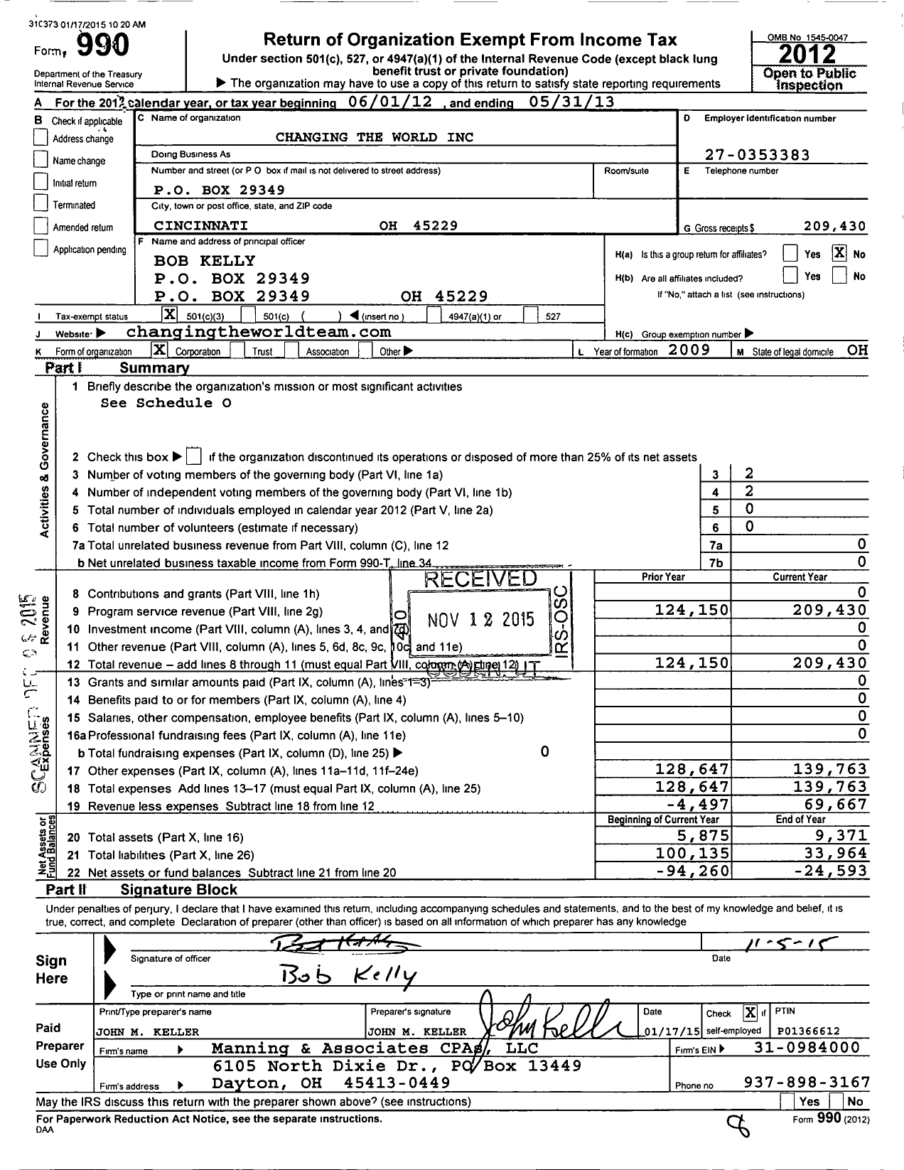 Image of first page of 2012 Form 990 for Changing the World