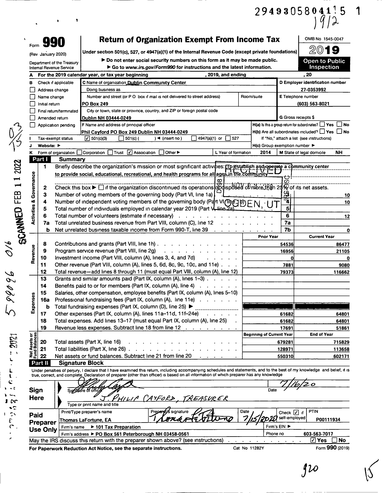 Image of first page of 2019 Form 990 for Dublin Community Center