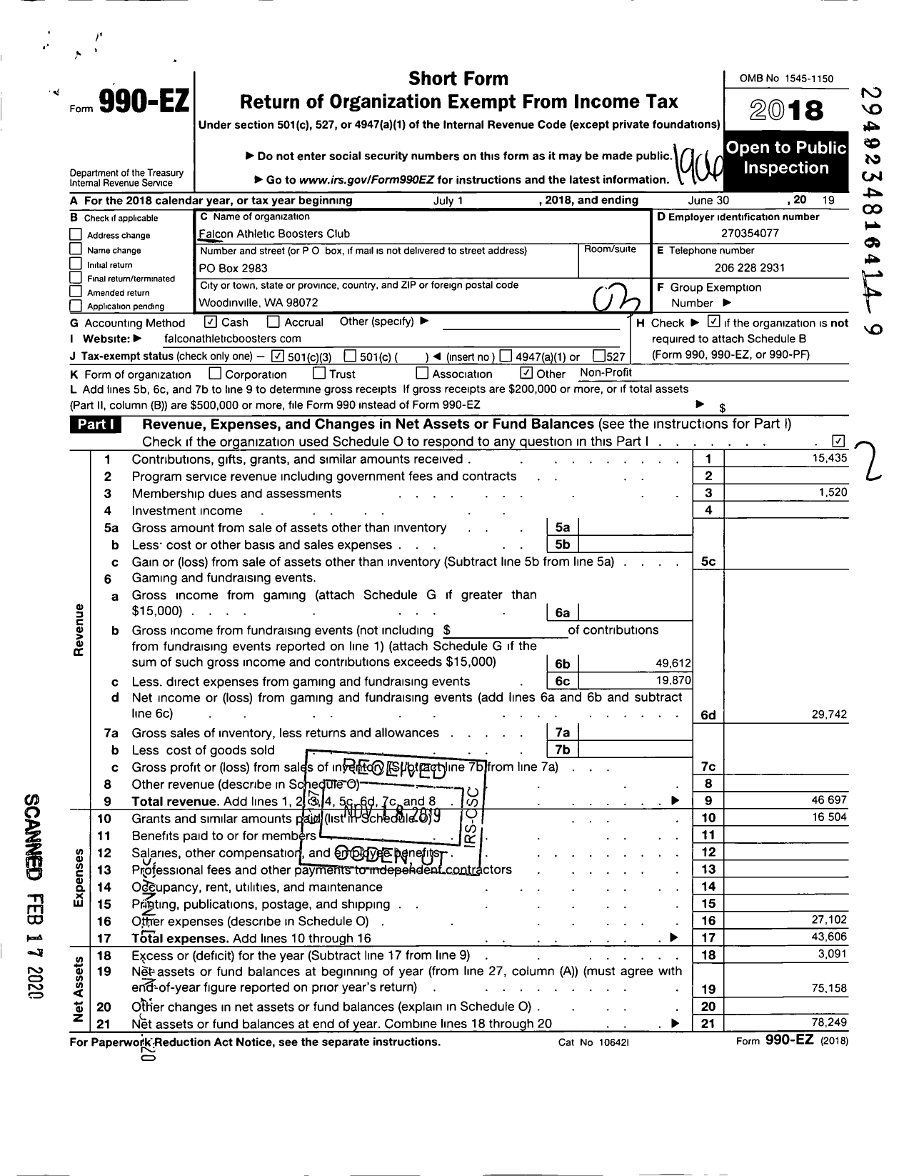 Image of first page of 2018 Form 990EZ for FALCON ATHLETIC Booster CLUB