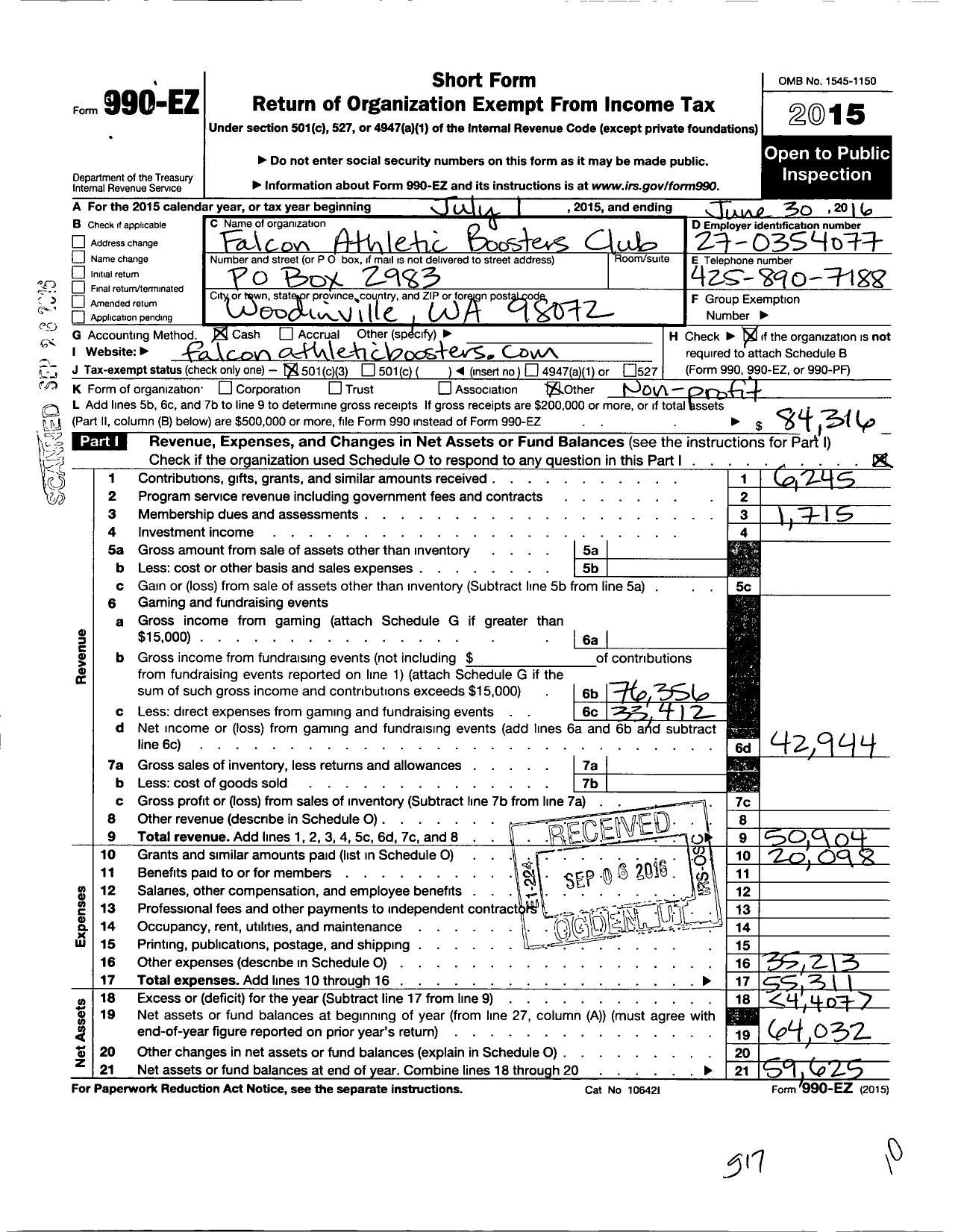 Image of first page of 2015 Form 990EZ for FALCON ATHLETIC Booster CLUB