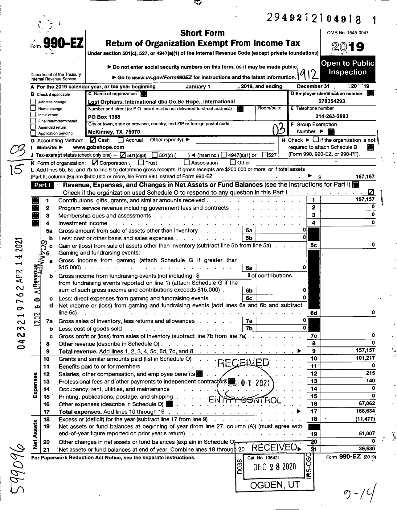 Image of first page of 2019 Form 990EZ for Lost Orphans International