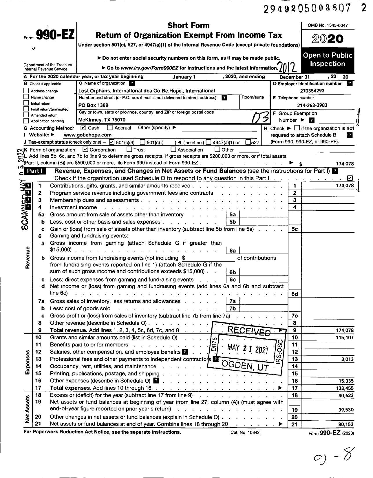 Image of first page of 2020 Form 990EZ for Lost Orphans International