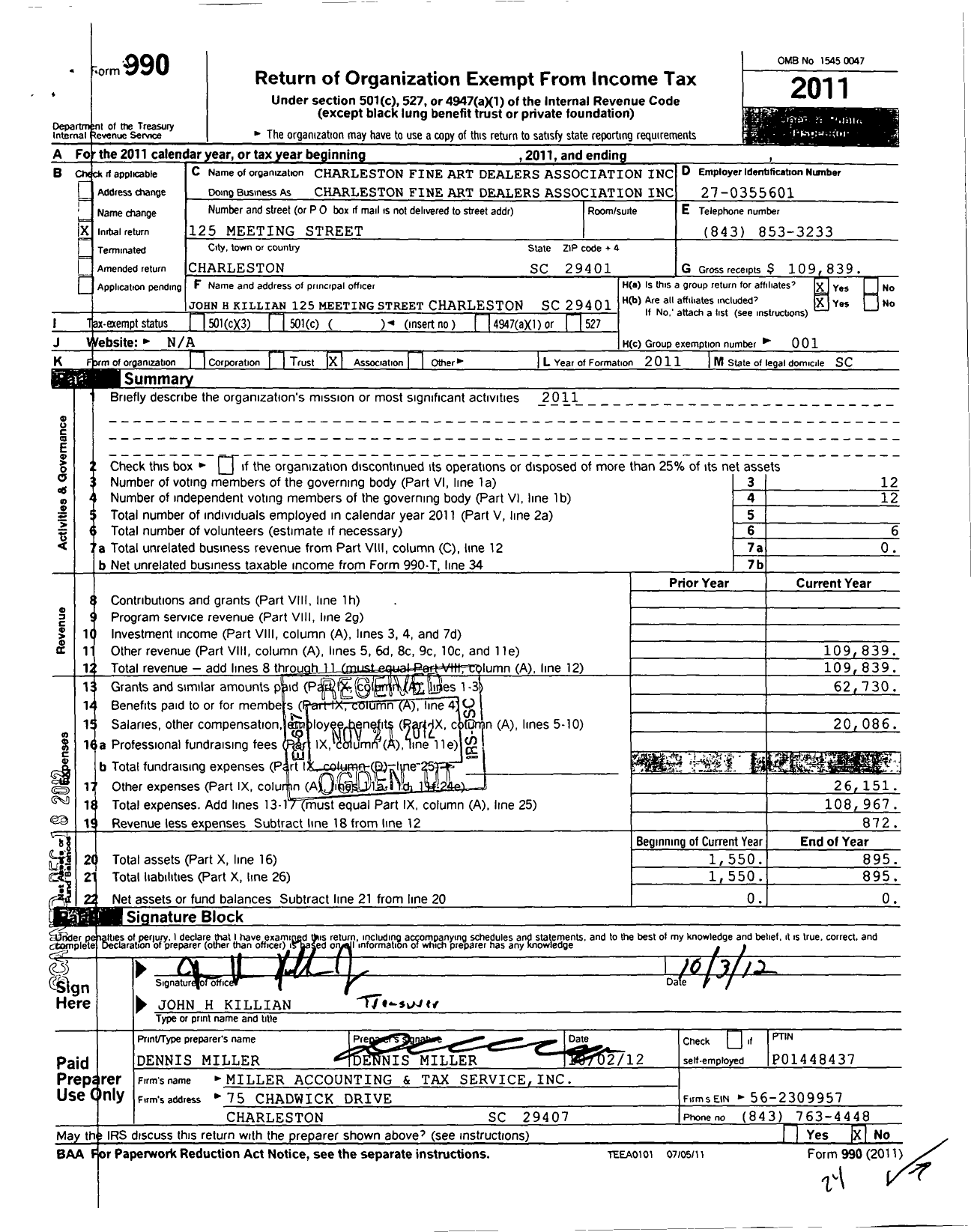 Image of first page of 2011 Form 990 for Charleston Fine Arts Dealers Association