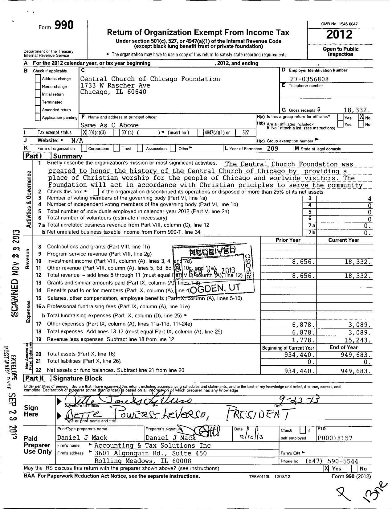 Image of first page of 2012 Form 990 for Central Church of Chicago Foundation