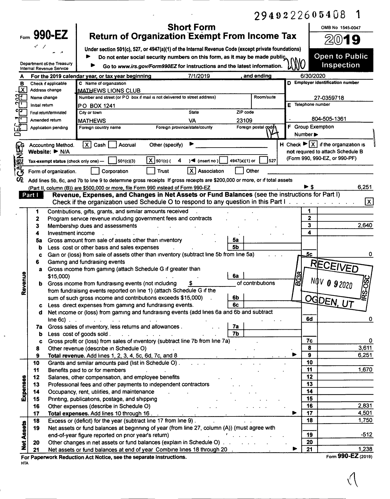 Image of first page of 2019 Form 990EO for Lions Clubs - 9287 Mathews Virginia