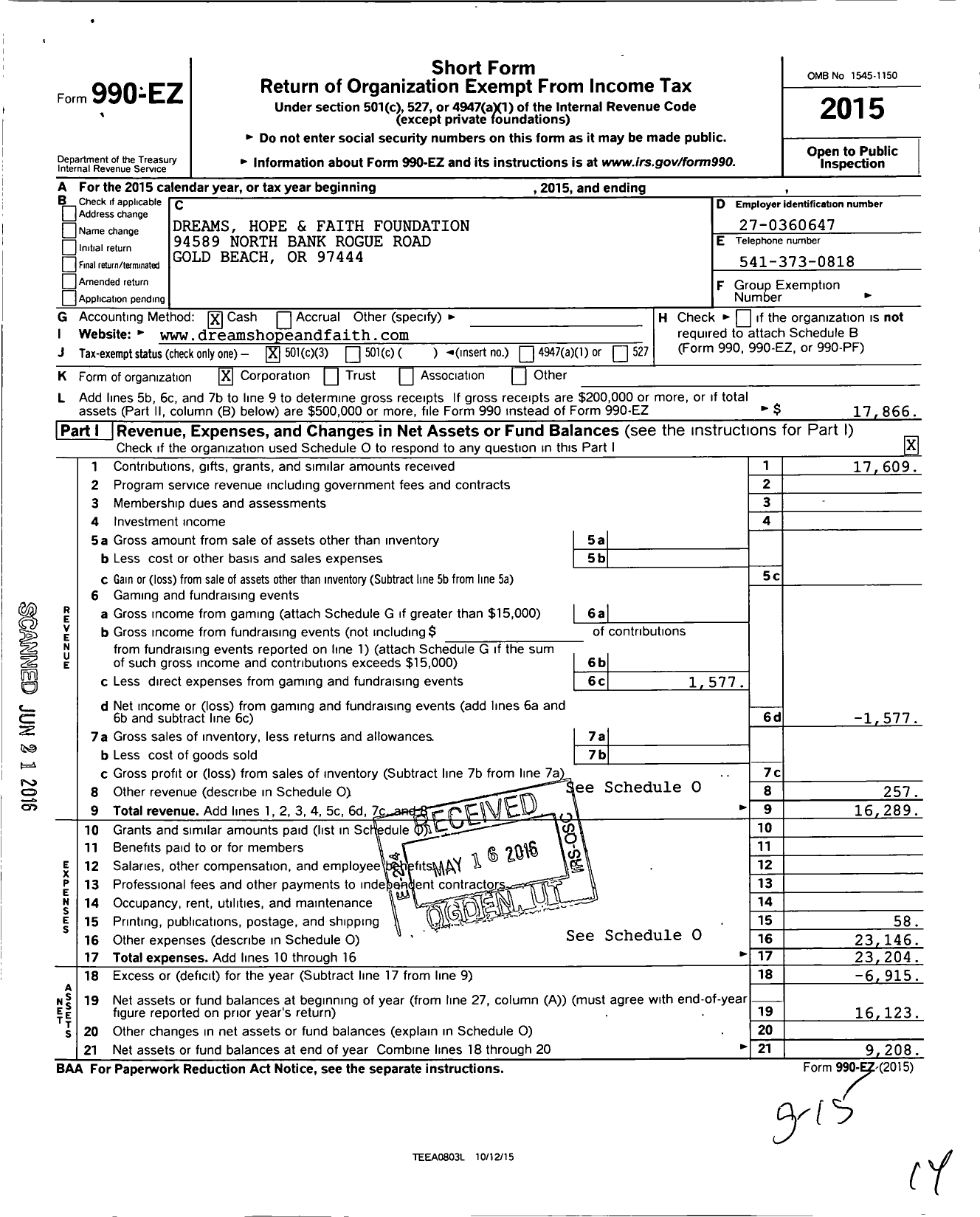 Image of first page of 2015 Form 990EZ for Dreams Hope and Faith Foundation