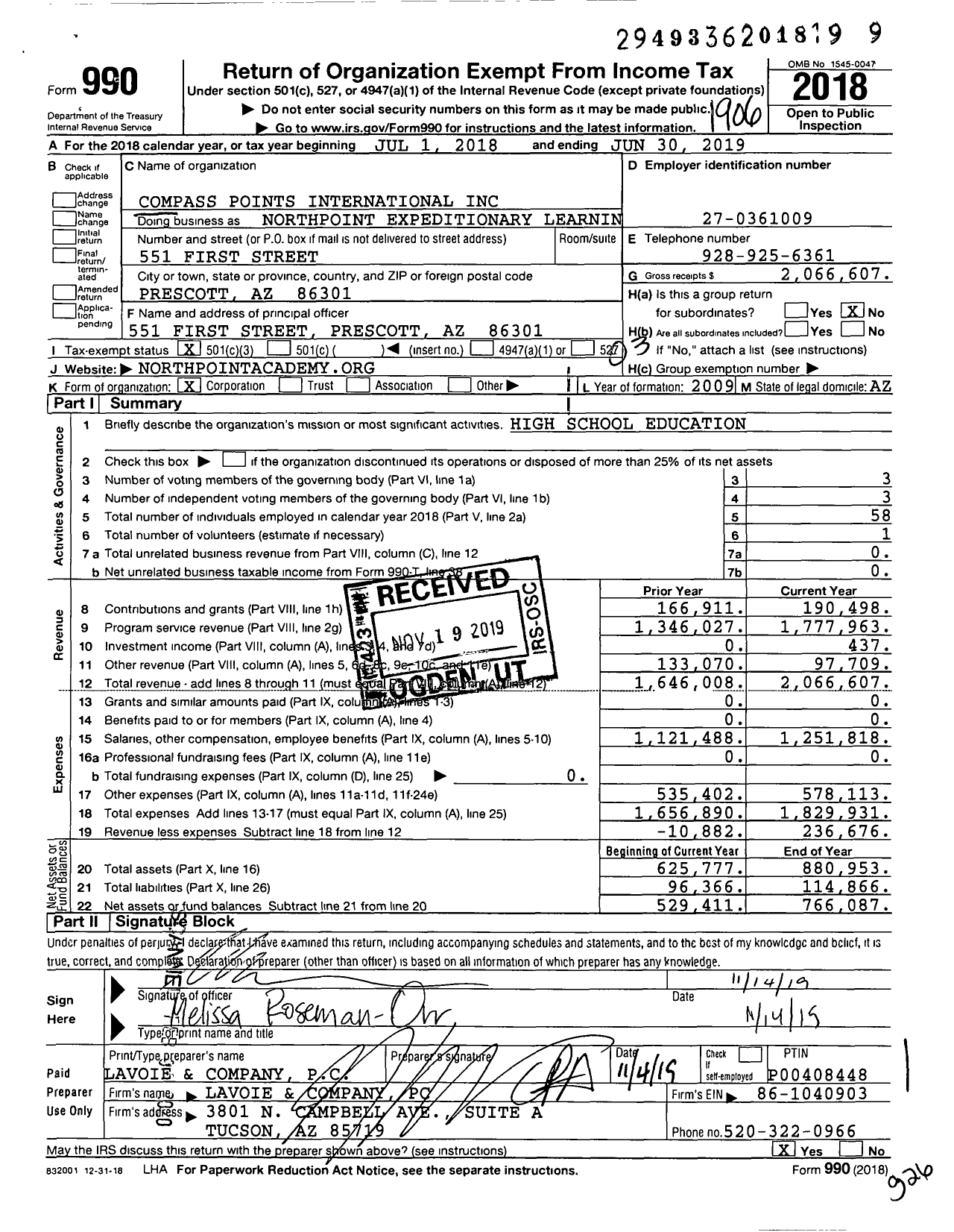 Image of first page of 2018 Form 990 for Northpoint Expeditionary Learning Academy