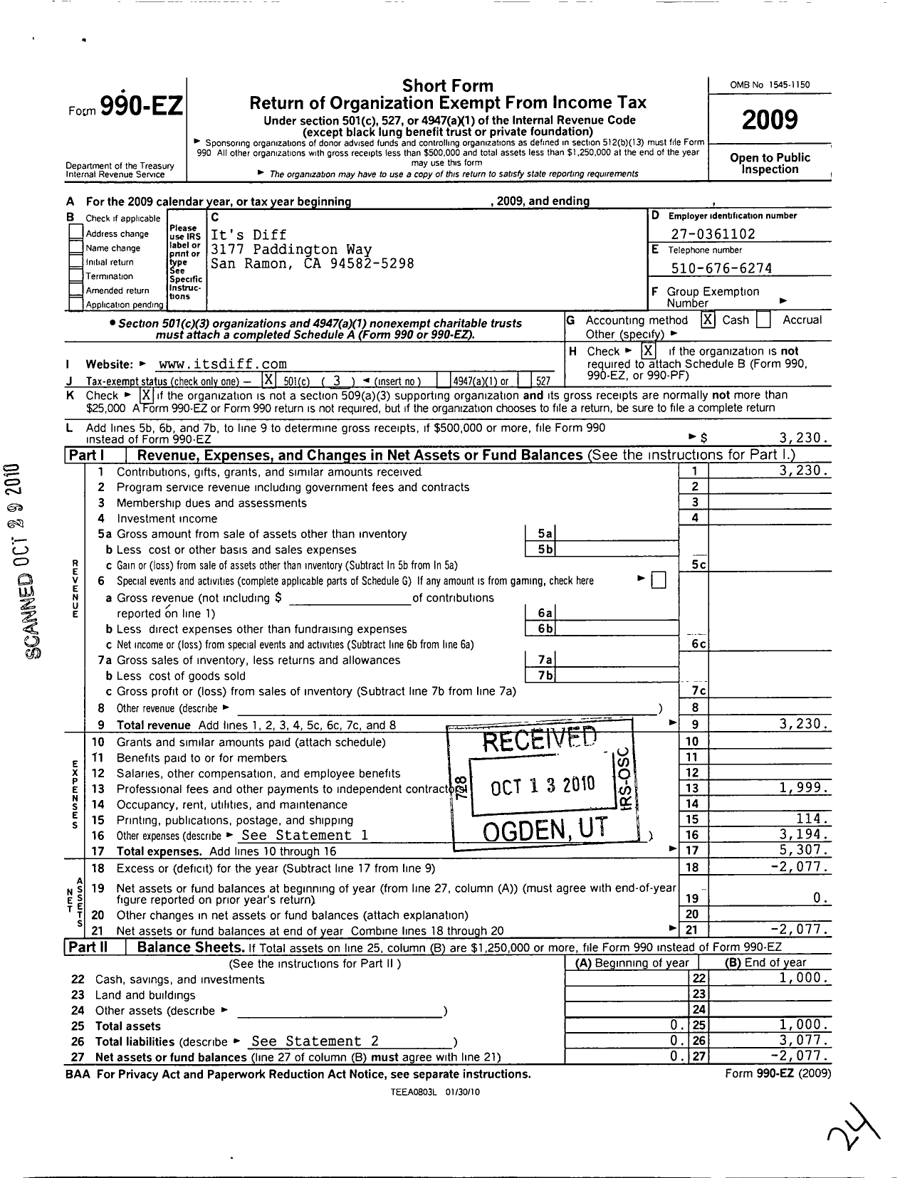 Image of first page of 2009 Form 990EZ for Itsdiff