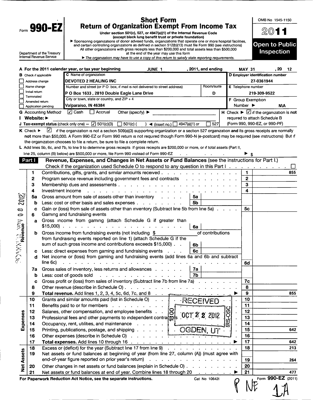 Image of first page of 2011 Form 990EZ for Devoted 2 Healing