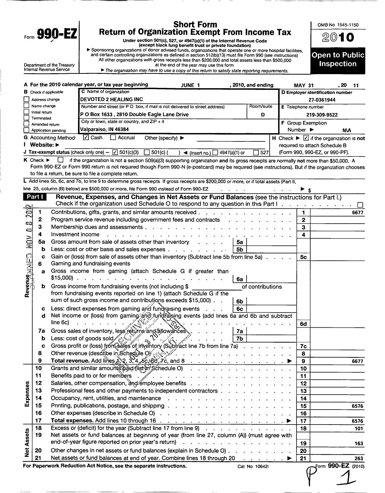 Image of first page of 2010 Form 990EZ for Devoted 2 Healing