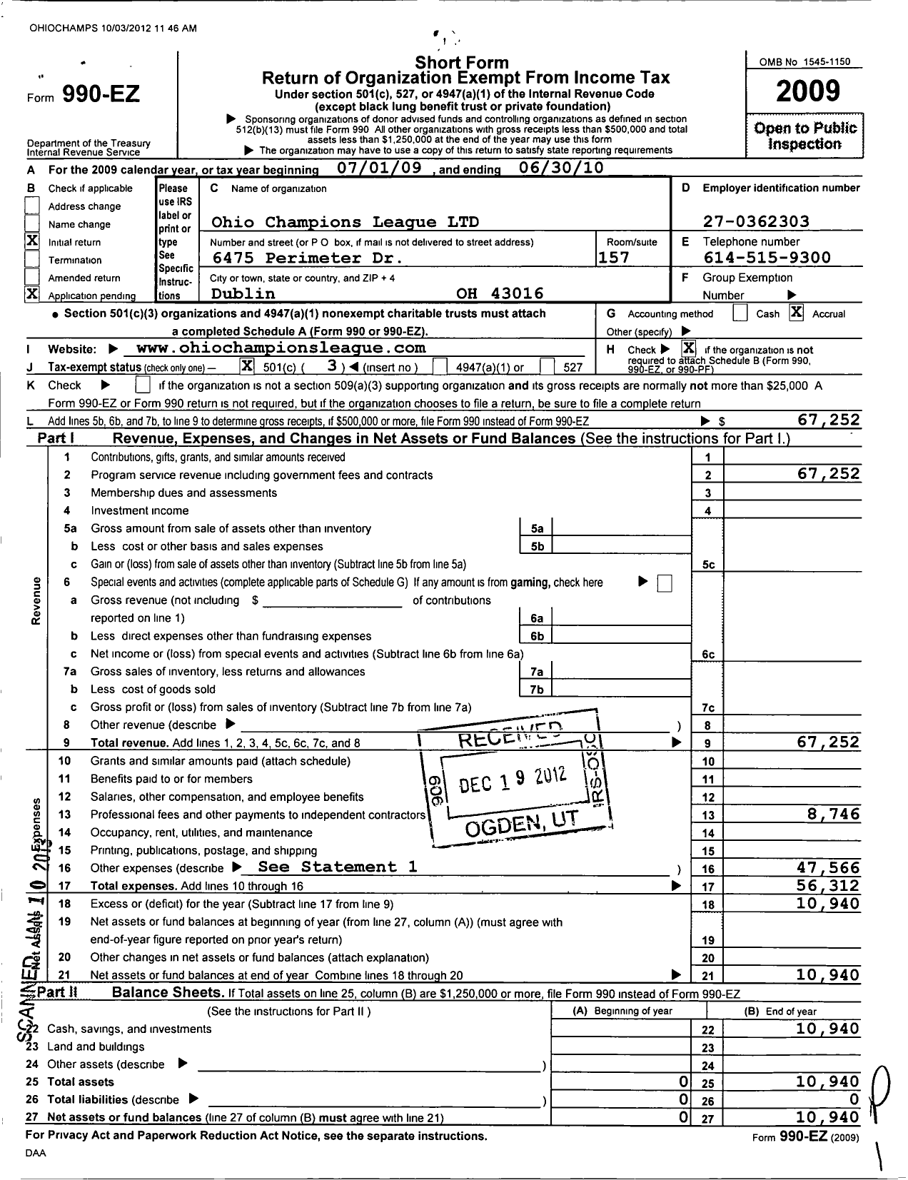 Image of first page of 2009 Form 990EZ for Ohio Champions League