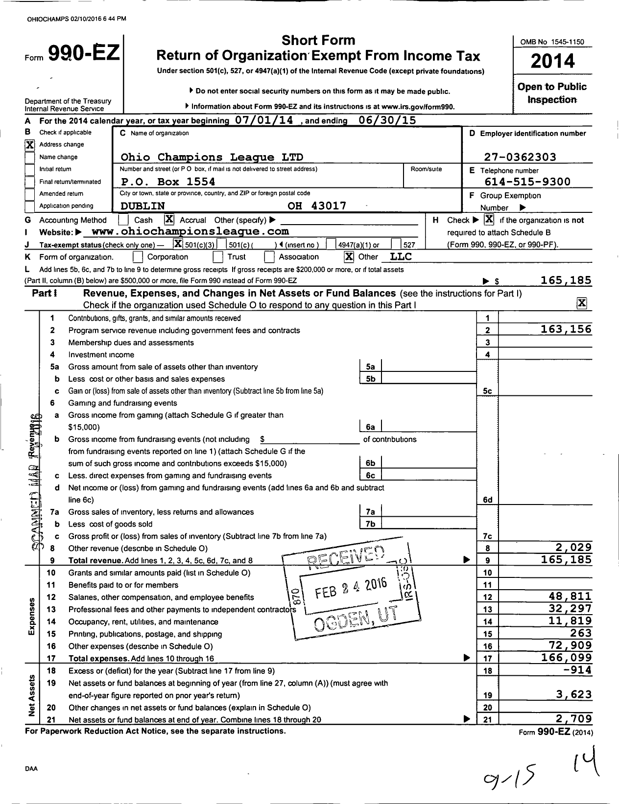 Image of first page of 2014 Form 990EZ for Ohio Champions League