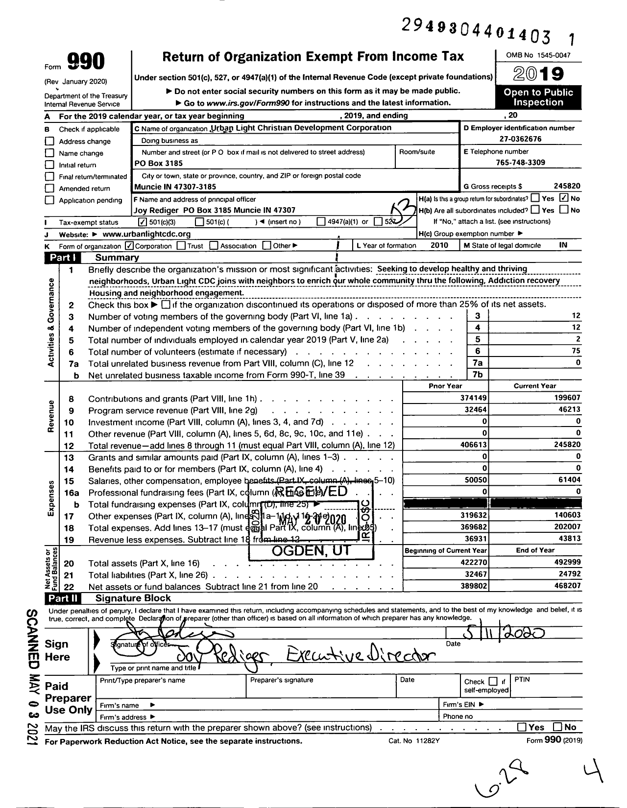 Image of first page of 2019 Form 990 for Urban Light Christian Development Corporation