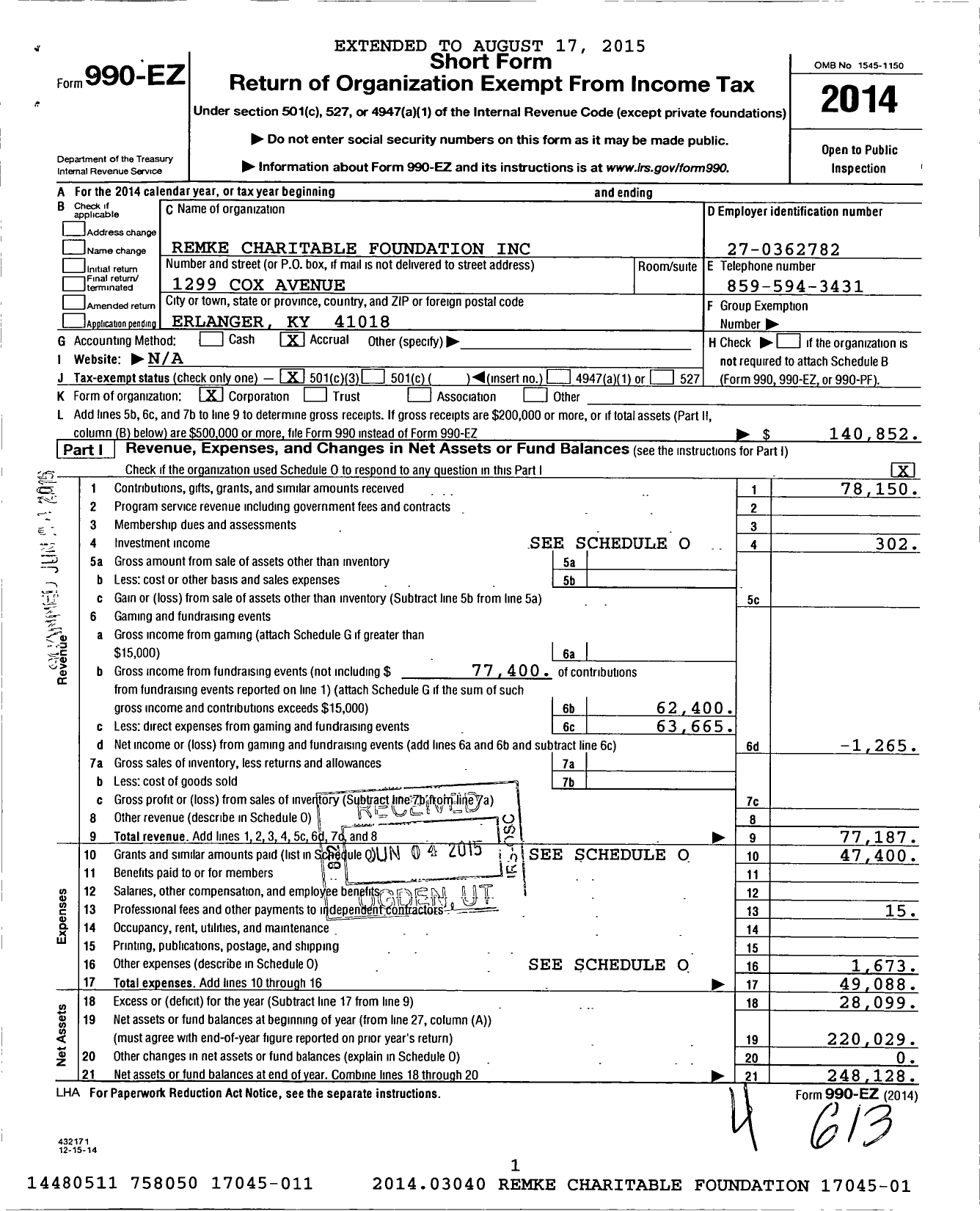 Image of first page of 2014 Form 990EZ for Remke Charitable Foundation