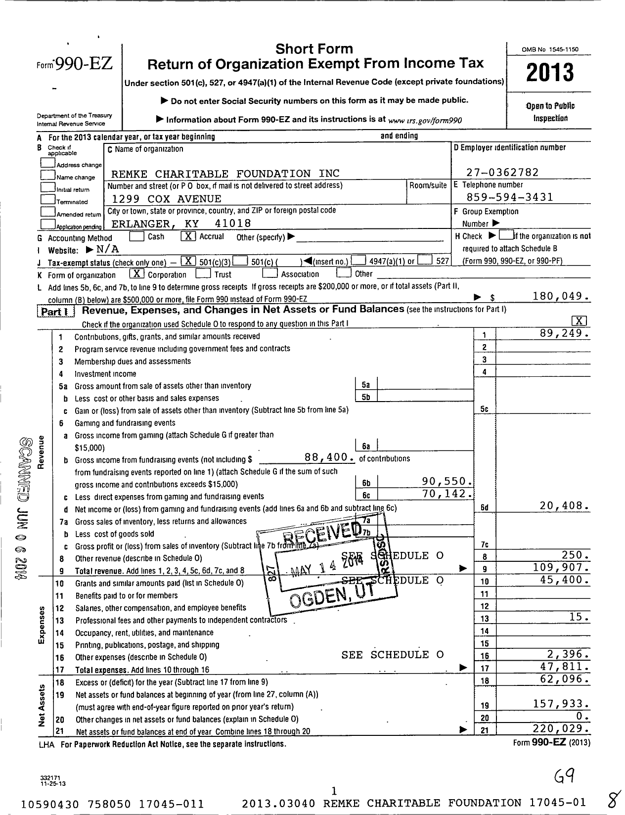 Image of first page of 2013 Form 990EZ for Remke Charitable Foundation