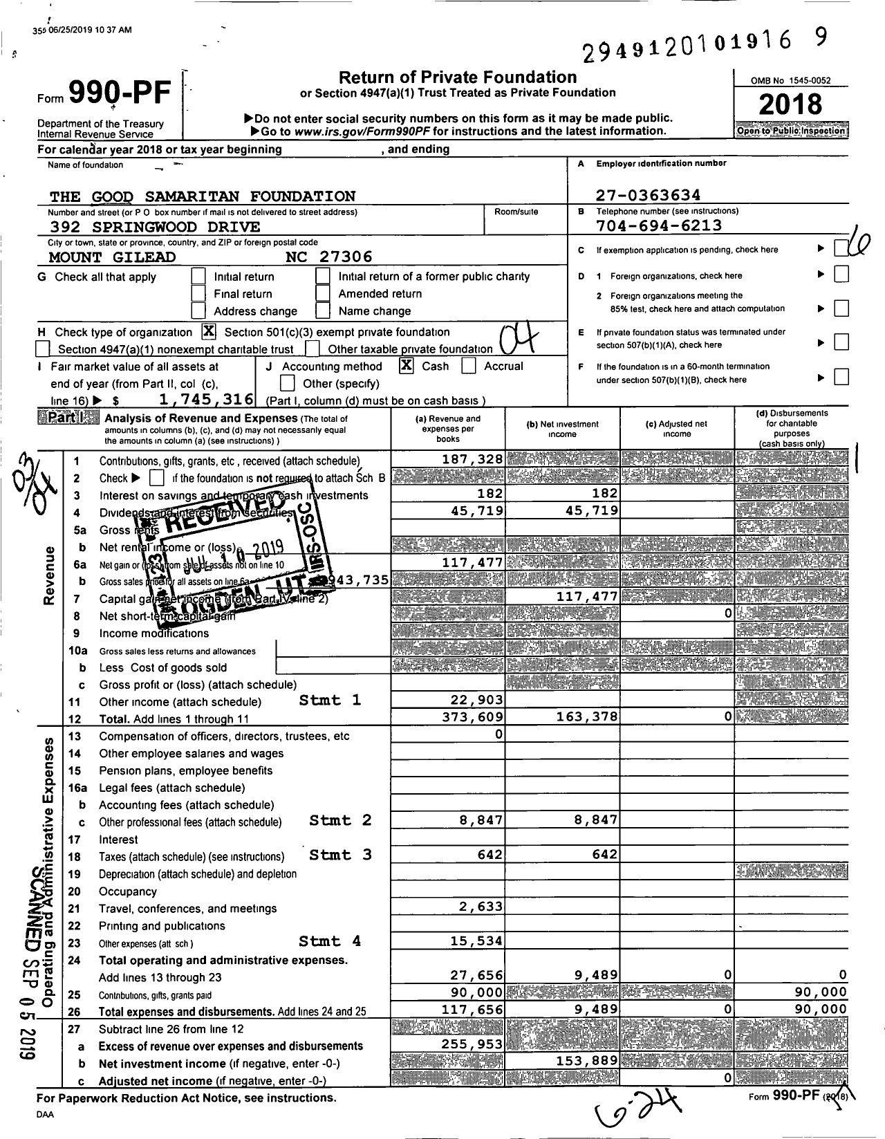 Image of first page of 2018 Form 990PF for The Good Samaritan Foundation