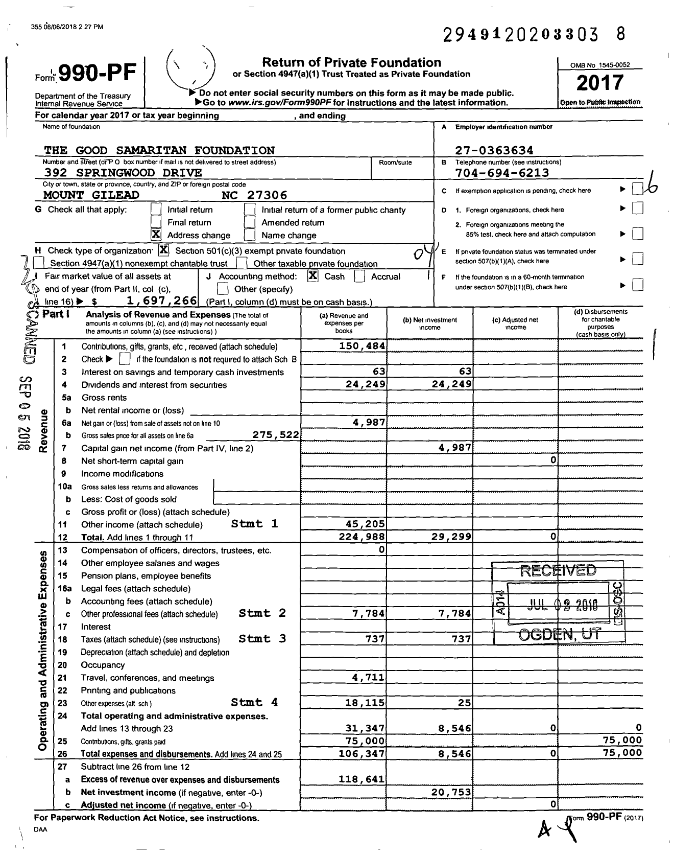 Image of first page of 2017 Form 990PF for The Good Samaritan Foundation