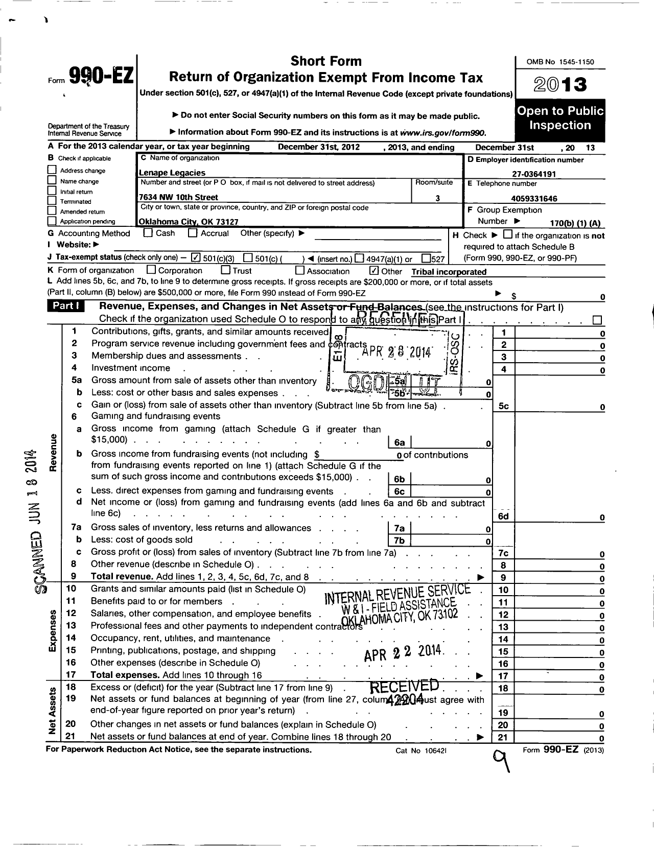 Image of first page of 2013 Form 990EZ for Lenape Legacies
