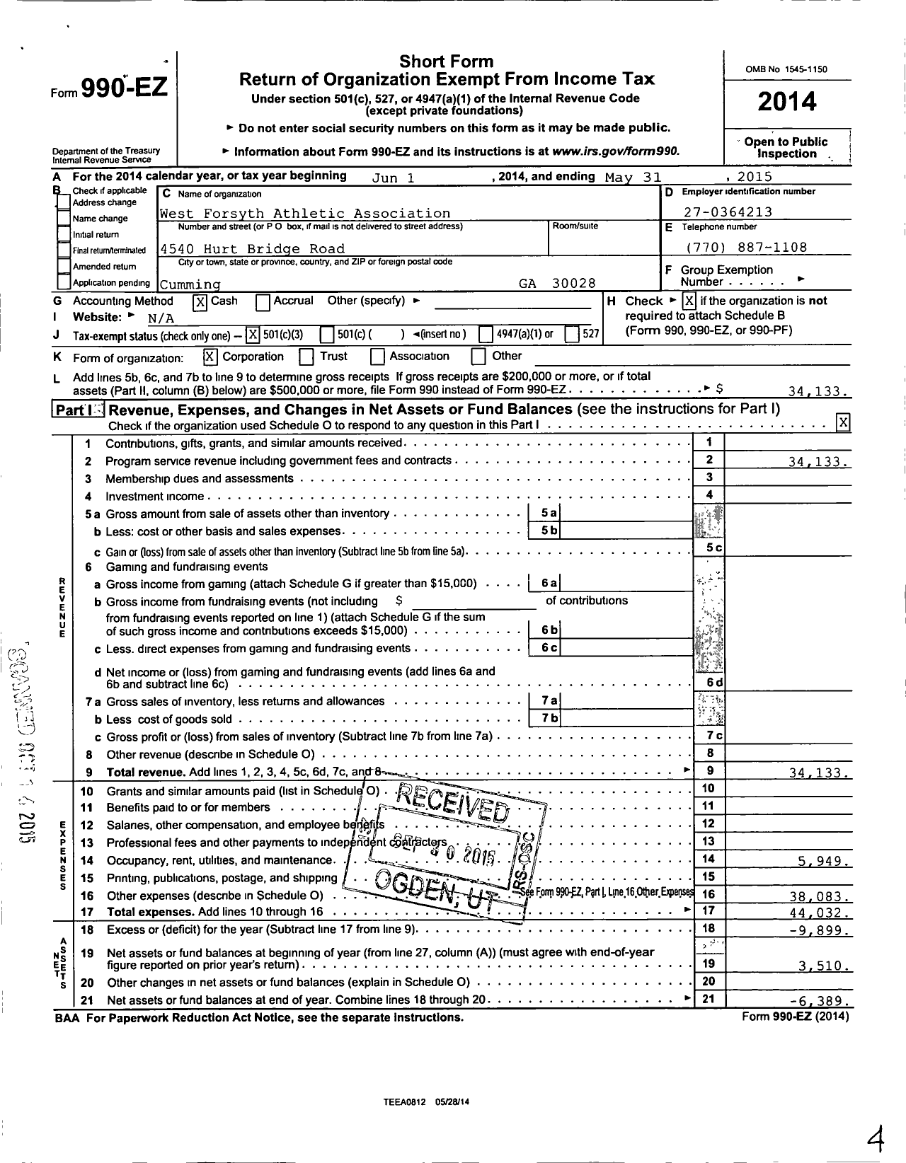 Image of first page of 2014 Form 990EZ for Atlanta Vipers Athletic Association