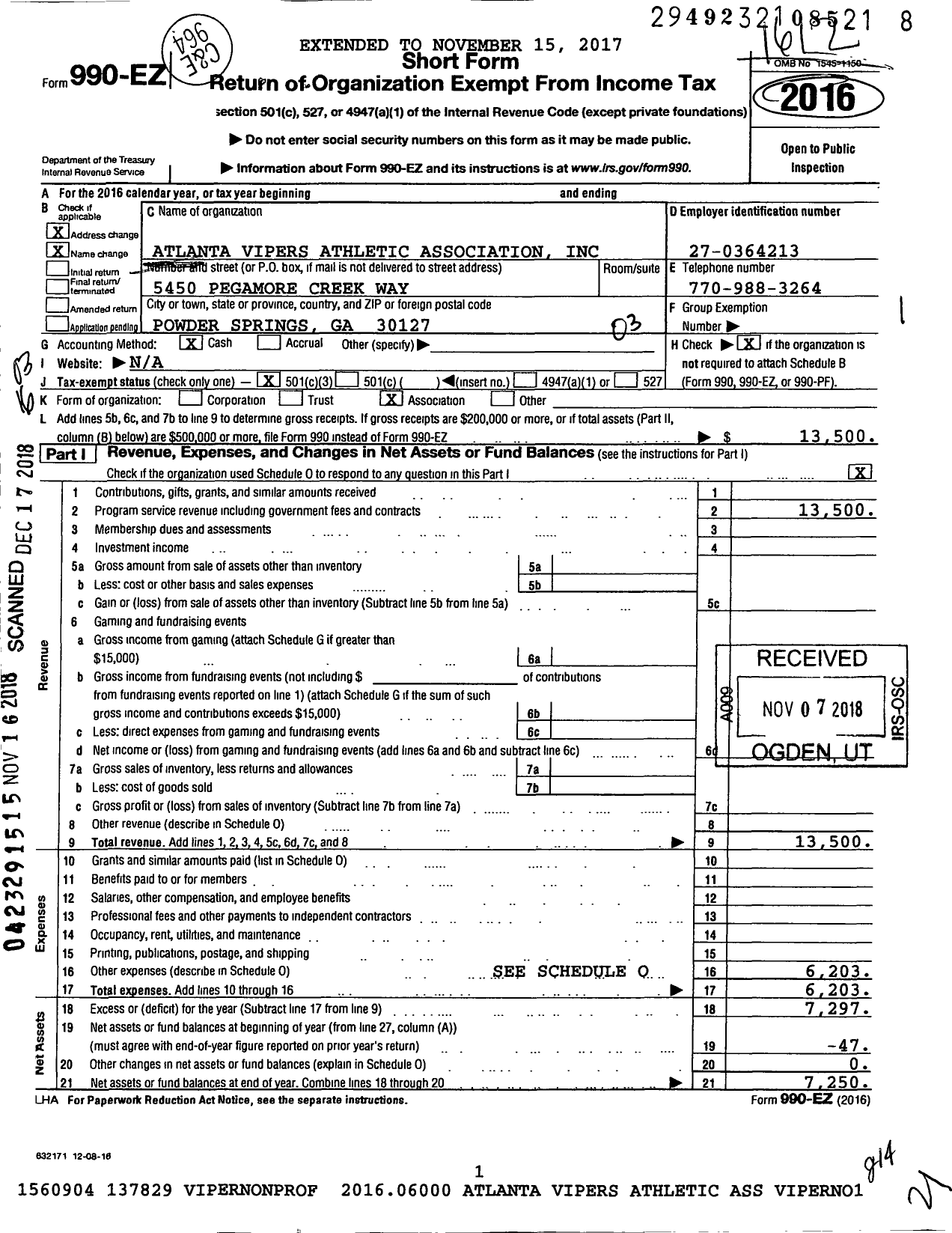 Image of first page of 2016 Form 990EZ for Atlanta Vipers Athletic Association