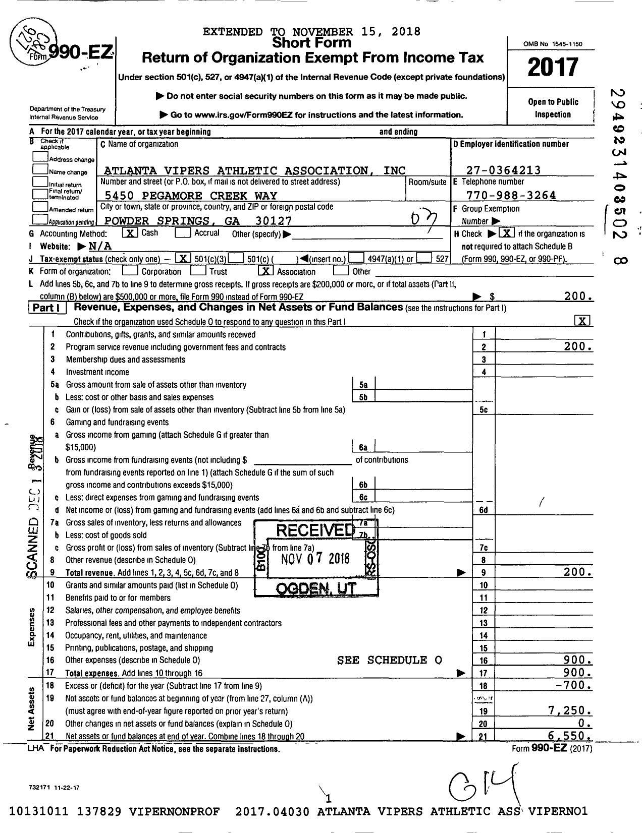 Image of first page of 2017 Form 990EZ for Atlanta Vipers Athletic Association