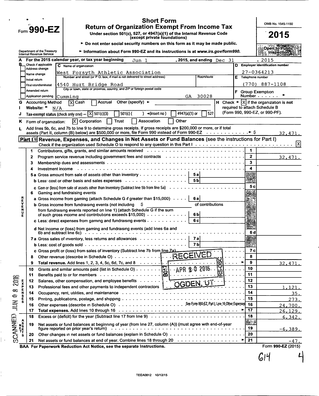 Image of first page of 2015 Form 990EZ for Atlanta Vipers Athletic Association