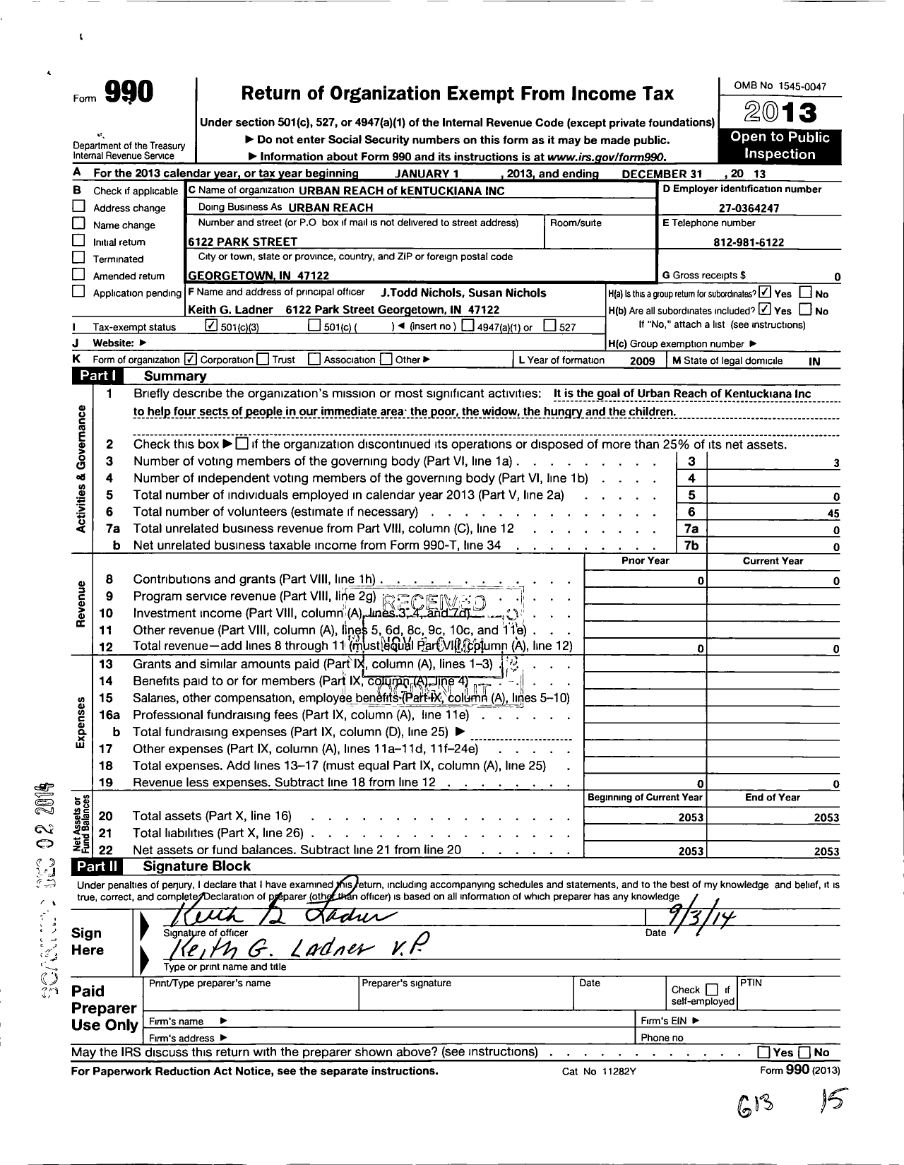 Image of first page of 2013 Form 990 for Urban Reach of Kentuckyiana