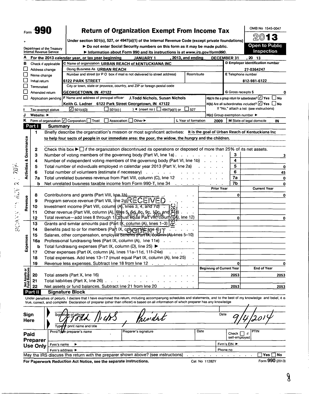 Image of first page of 2013 Form 990 for Urban Reach of Kentuckyiana