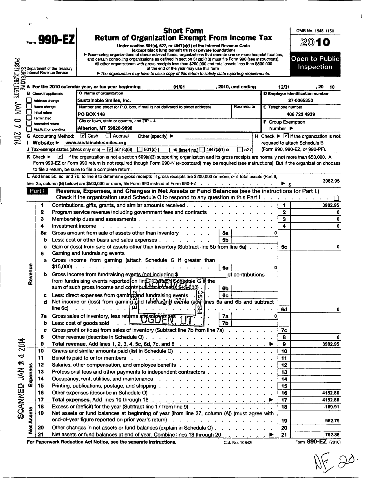 Image of first page of 2010 Form 990EZ for Sustainable Smiles