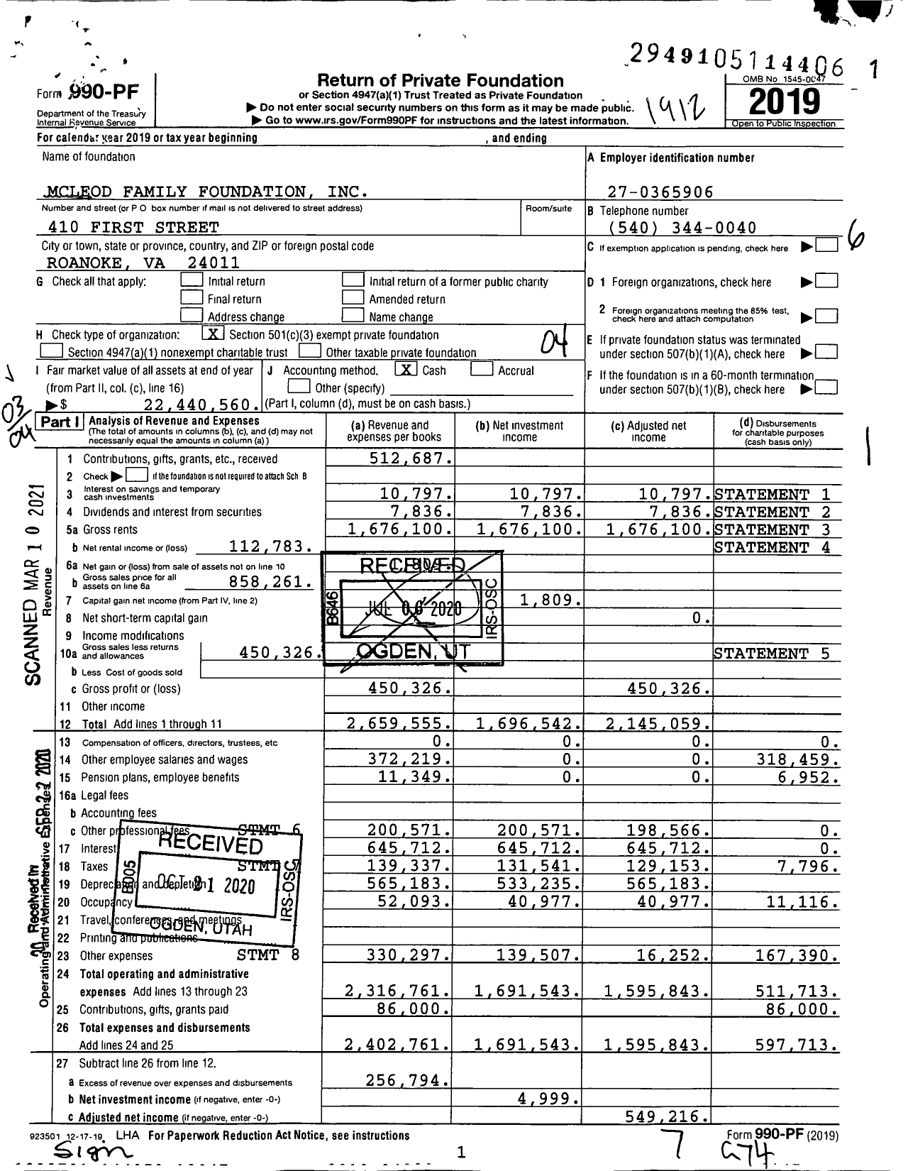 Image of first page of 2019 Form 990PF for Mcleod Family Foundation