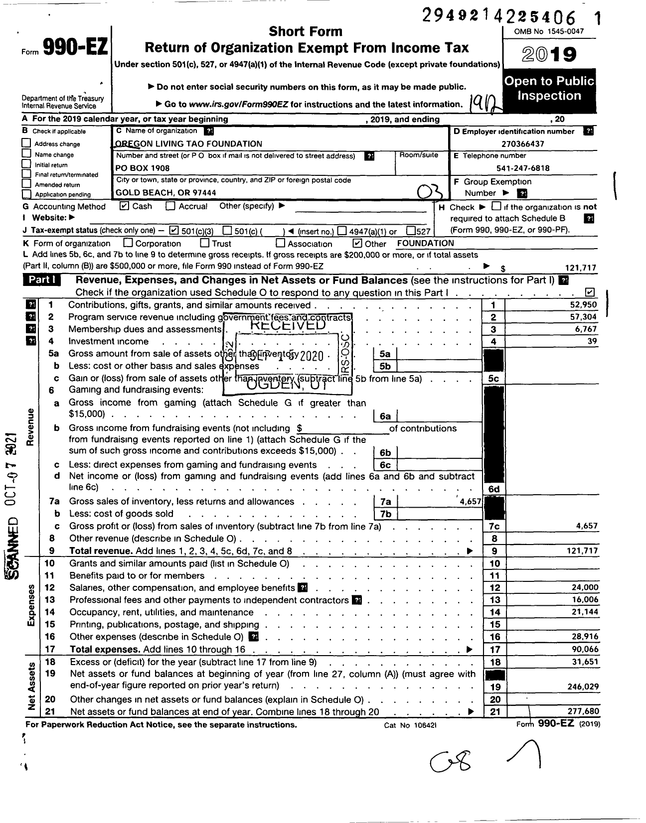 Image of first page of 2019 Form 990EZ for Oregon Living Tao Foundation