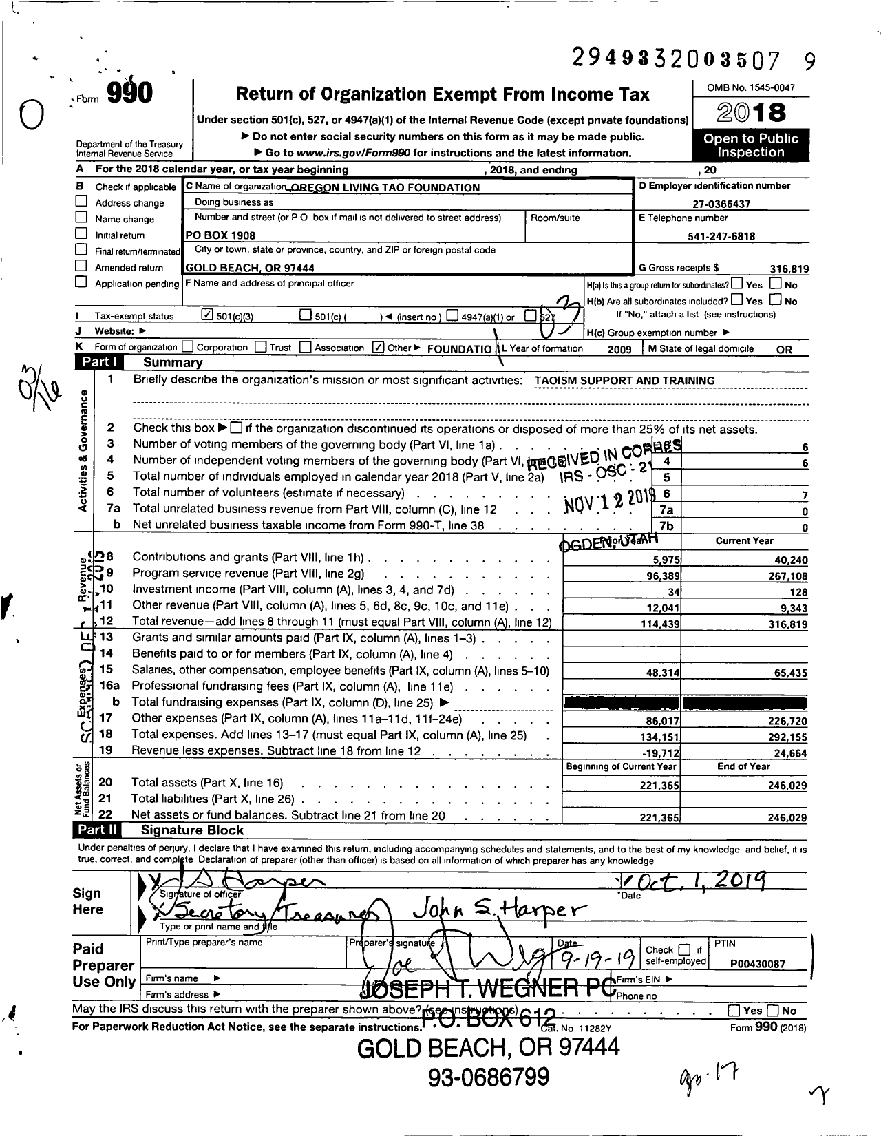 Image of first page of 2018 Form 990 for Oregon Living Tao Foundation