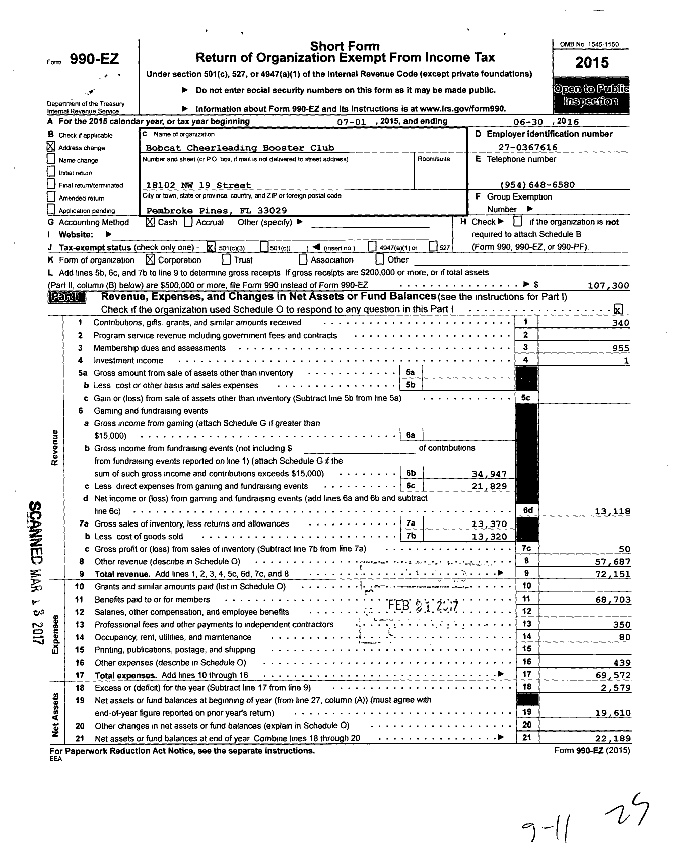 Image of first page of 2015 Form 990EZ for Bobcat Cheerleading Booster Club