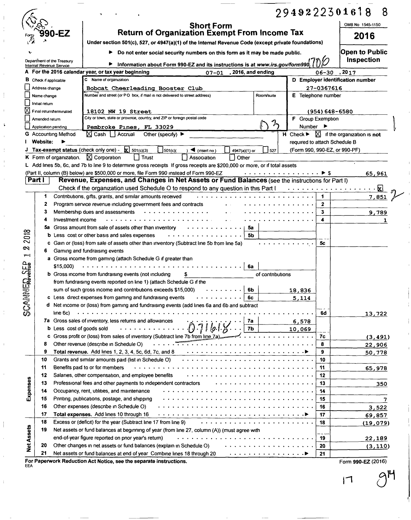 Image of first page of 2016 Form 990EZ for Bobcat Cheerleading Booster Club