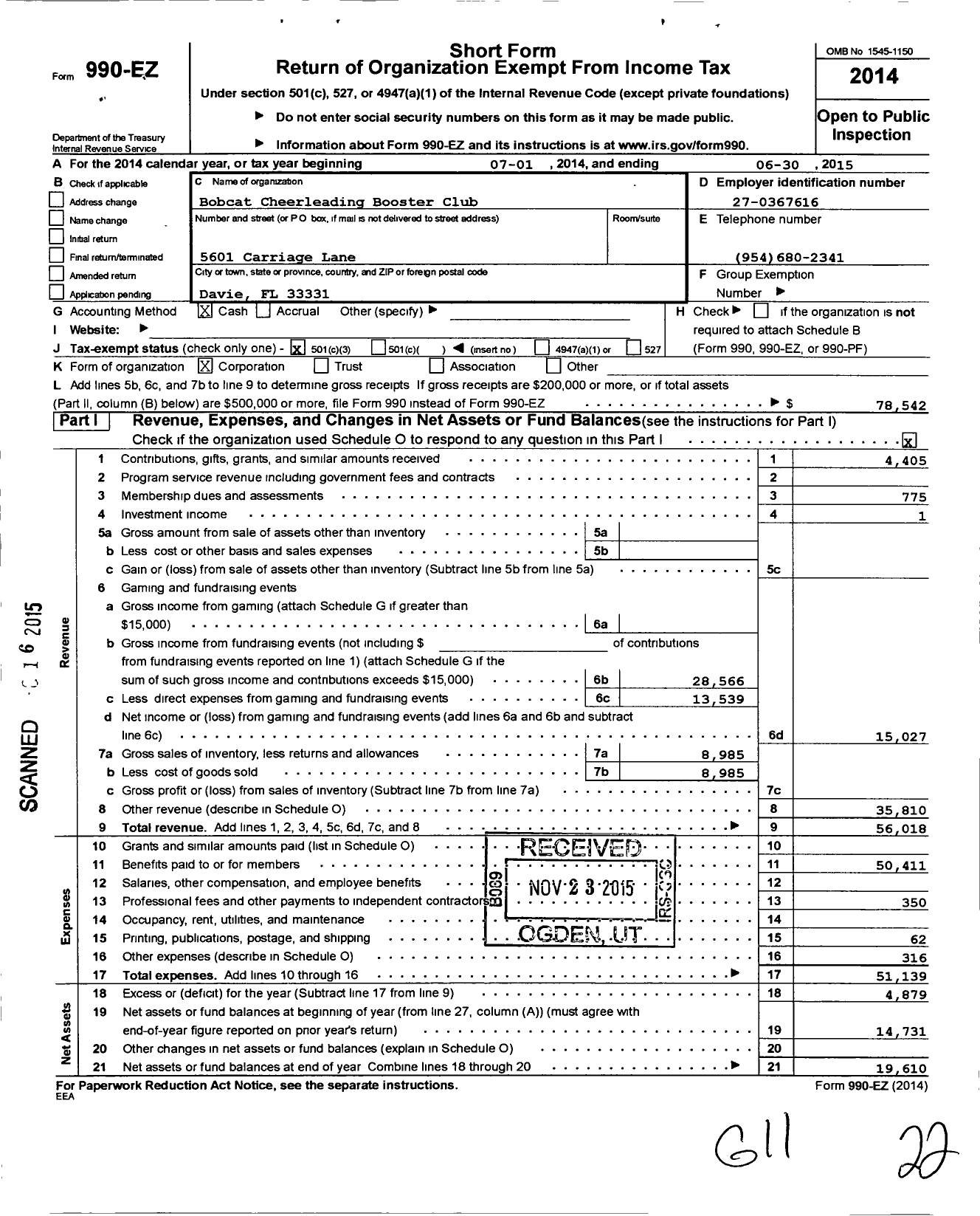 Image of first page of 2014 Form 990EZ for Bobcat Cheerleading Booster Club