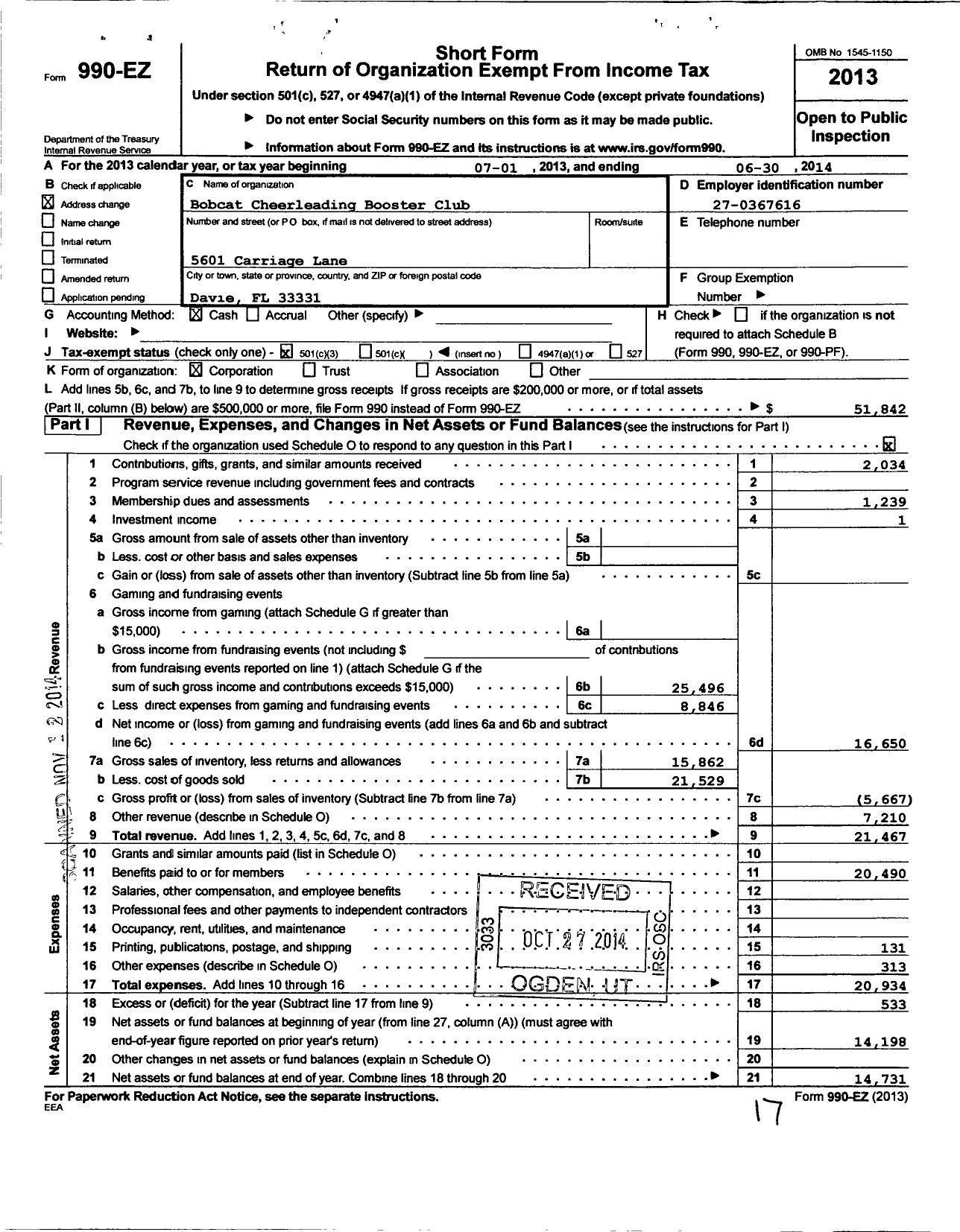 Image of first page of 2013 Form 990EZ for Bobcat Cheerleading Booster Club