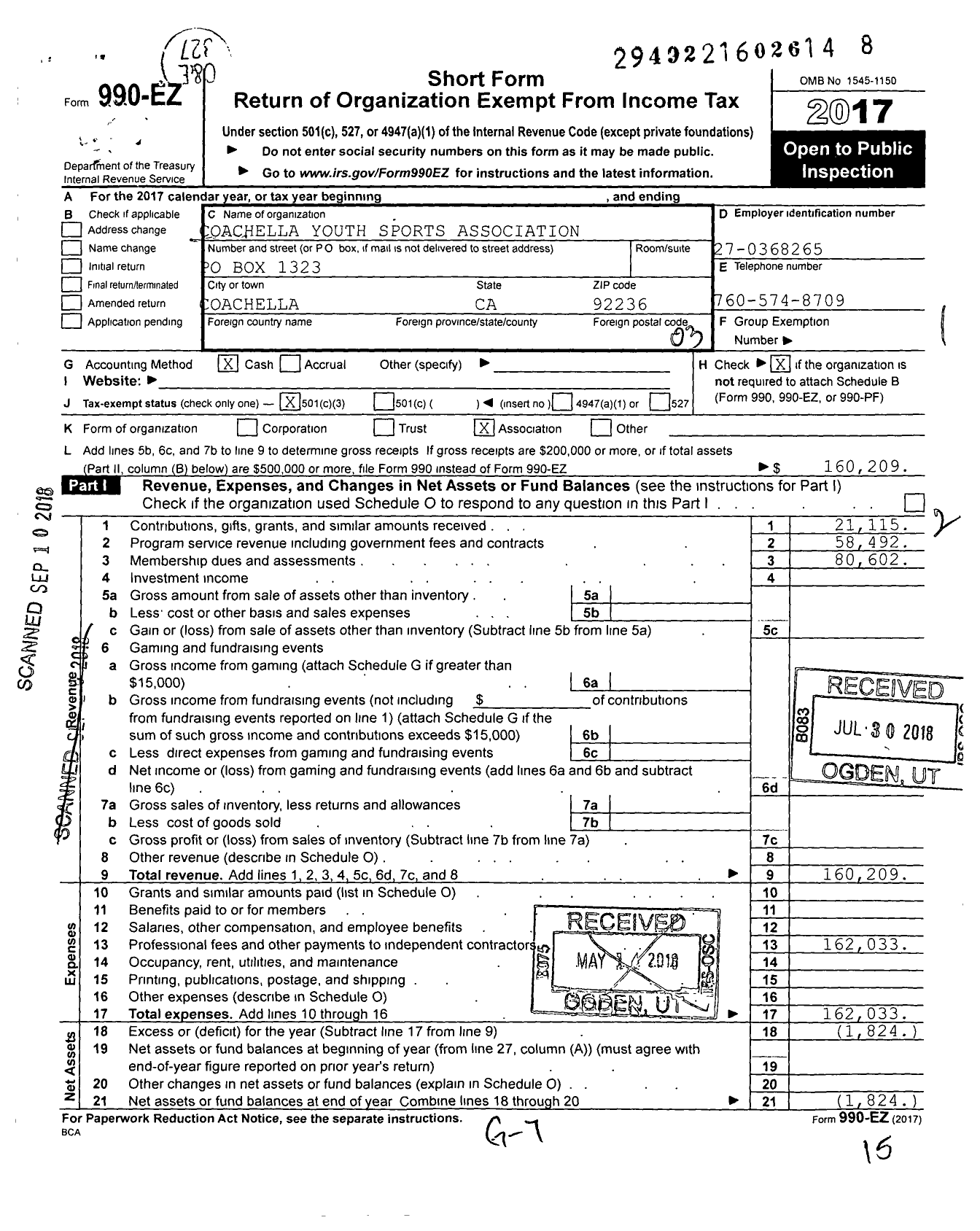 Image of first page of 2017 Form 990EZ for Coachella Youth Sports Association