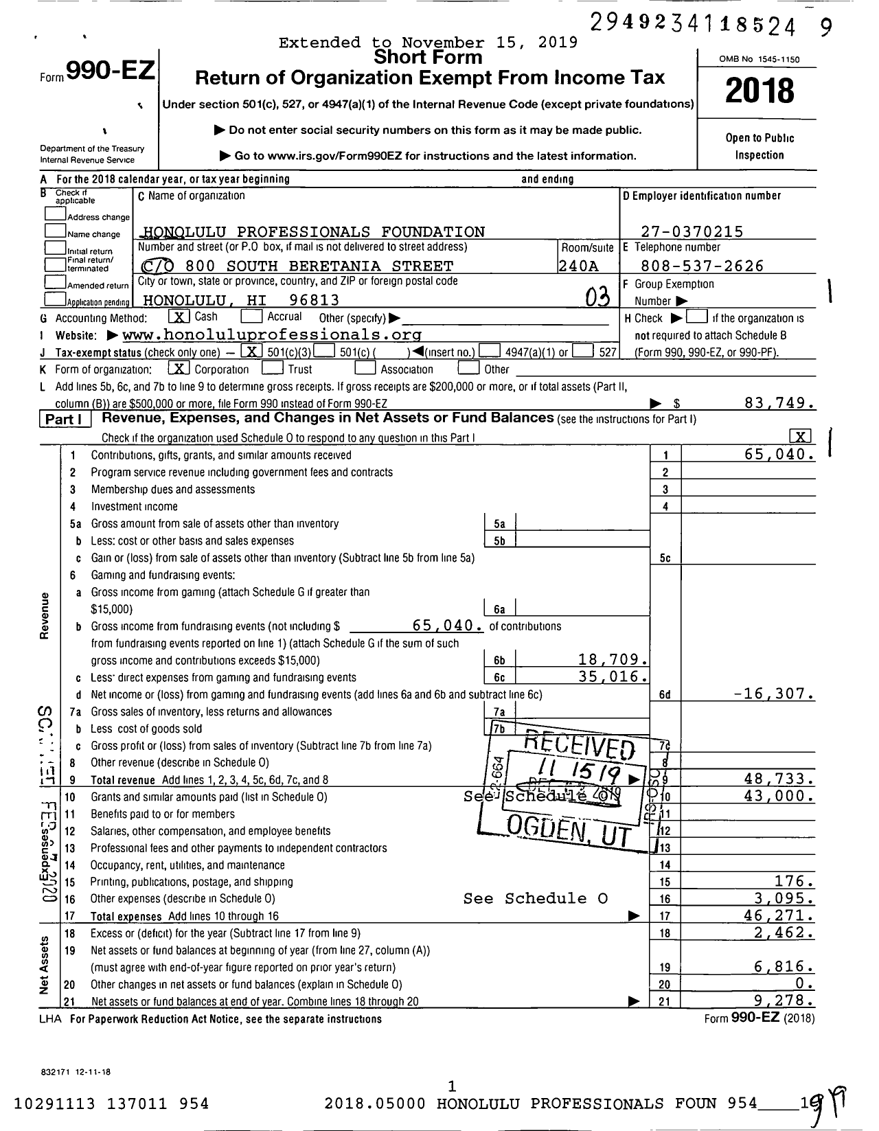 Image of first page of 2018 Form 990EZ for Honolulu Professionals Foundation (HPF)